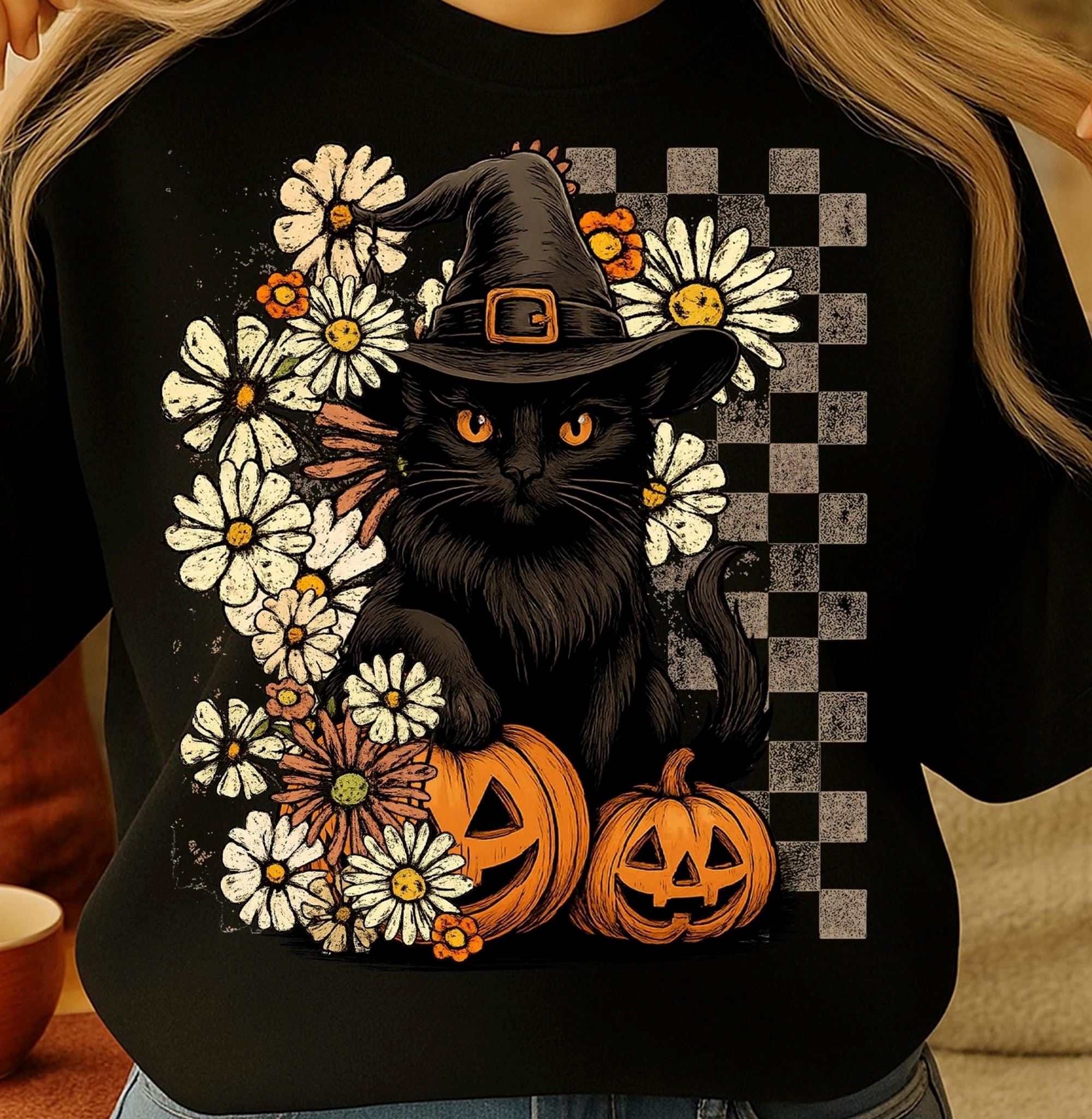 Black Cat Halloween T-shirt Pumpkin Fall Graphic Tee Spooky Boho Shirt
