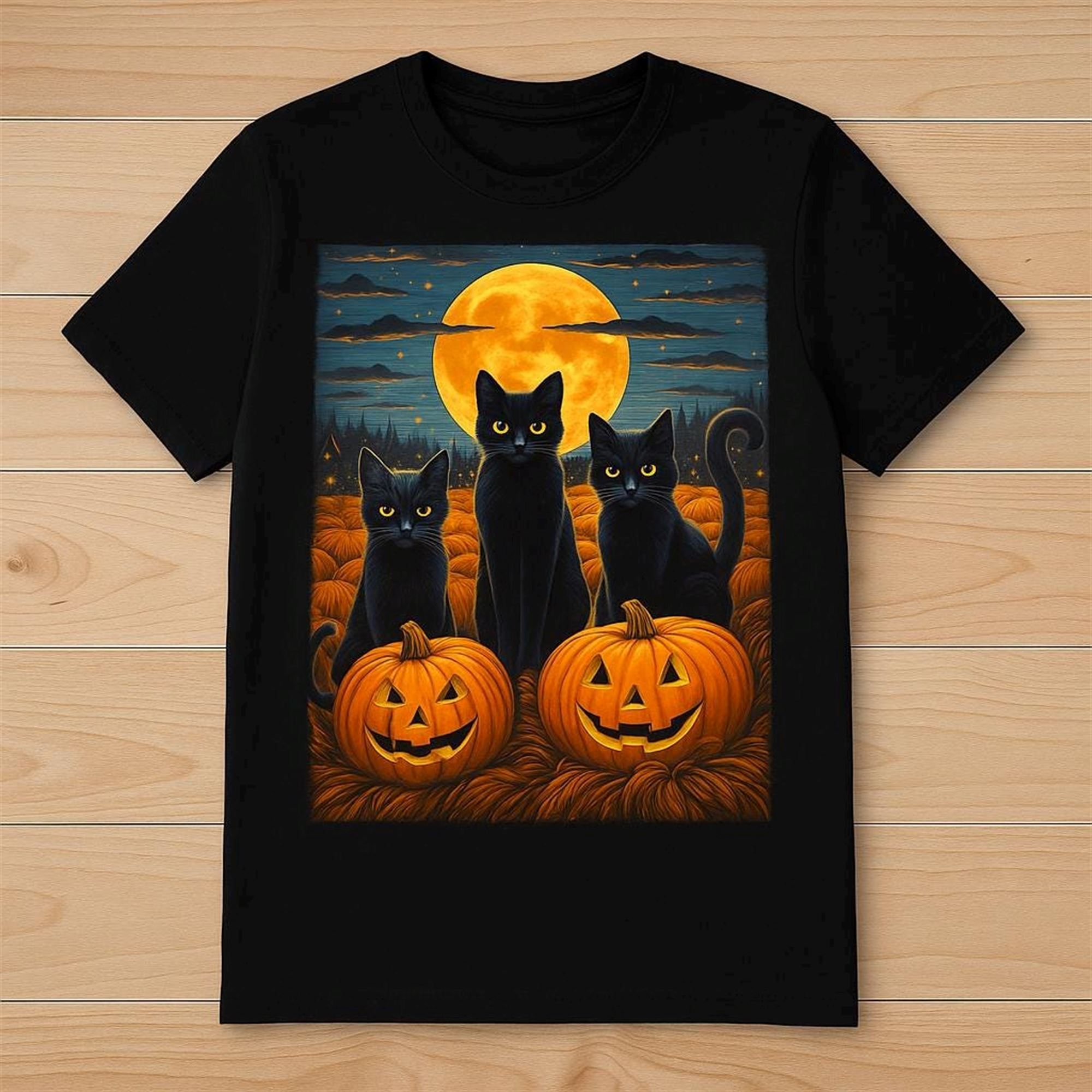 Black Cat Halloween T-shirt Starry Night Van Gogh Cat Shirt For Cat Lovers