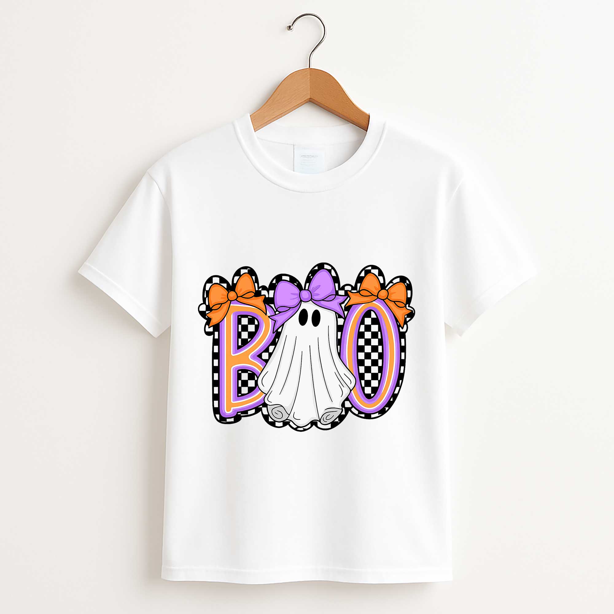 Boo Halloween T Shirt – Cute Bow Pumpkin Ghost Checkered Spooky Season Tee