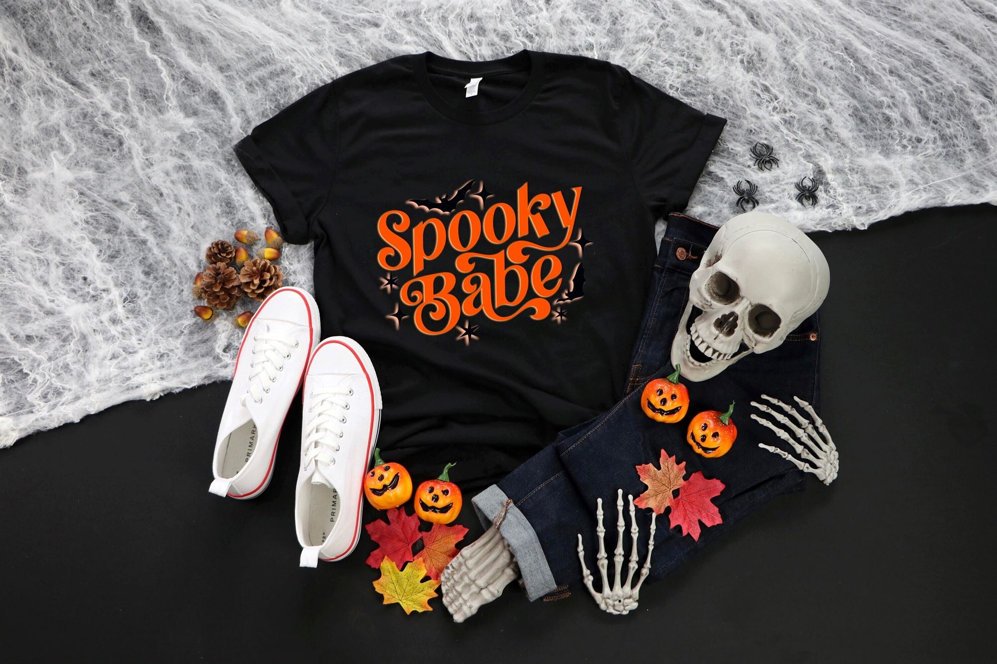 Cute Halloween T-shirt Spooky Babe Trick Or Treat Pumpkin Spider Shirt Gift