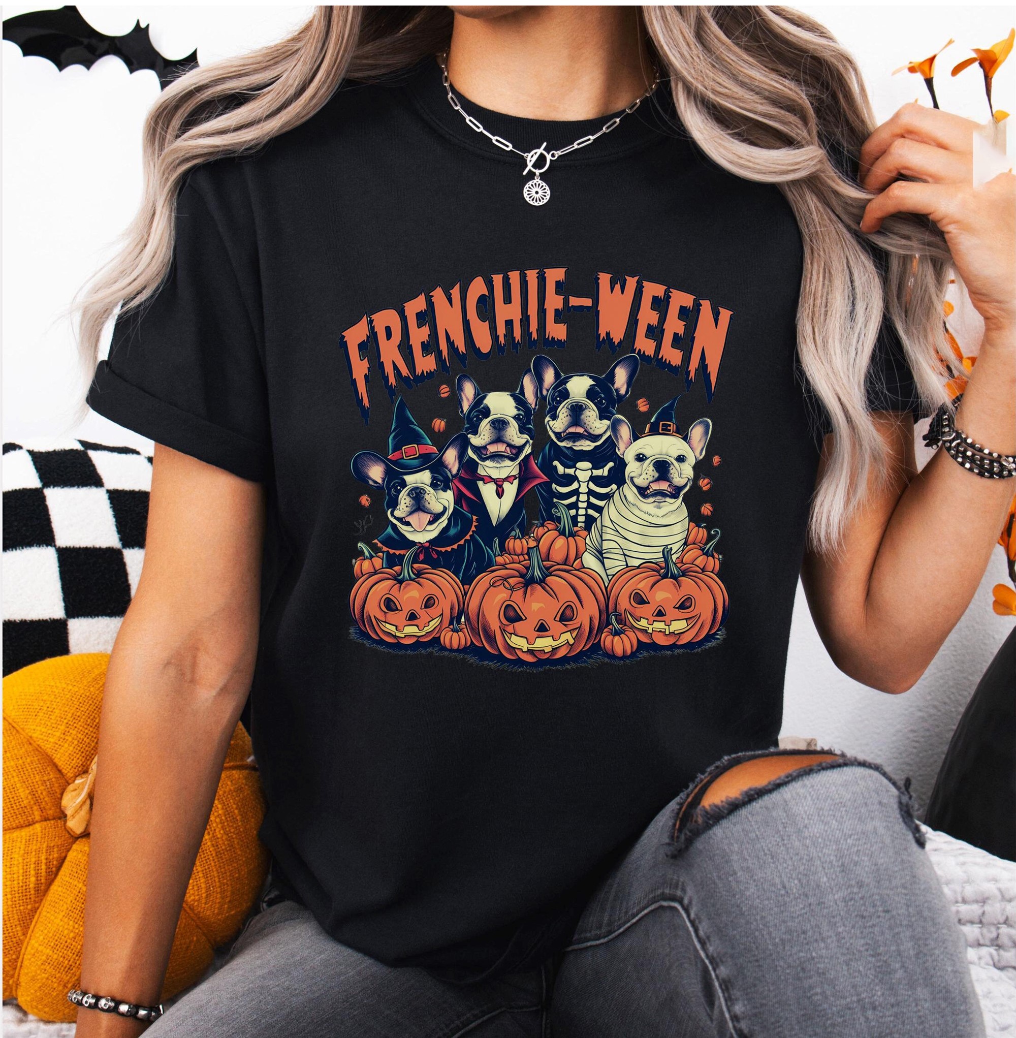 Funny French Bulldog Halloween T-shirt Spooky Pumpkin Dog Mom Gift Tee