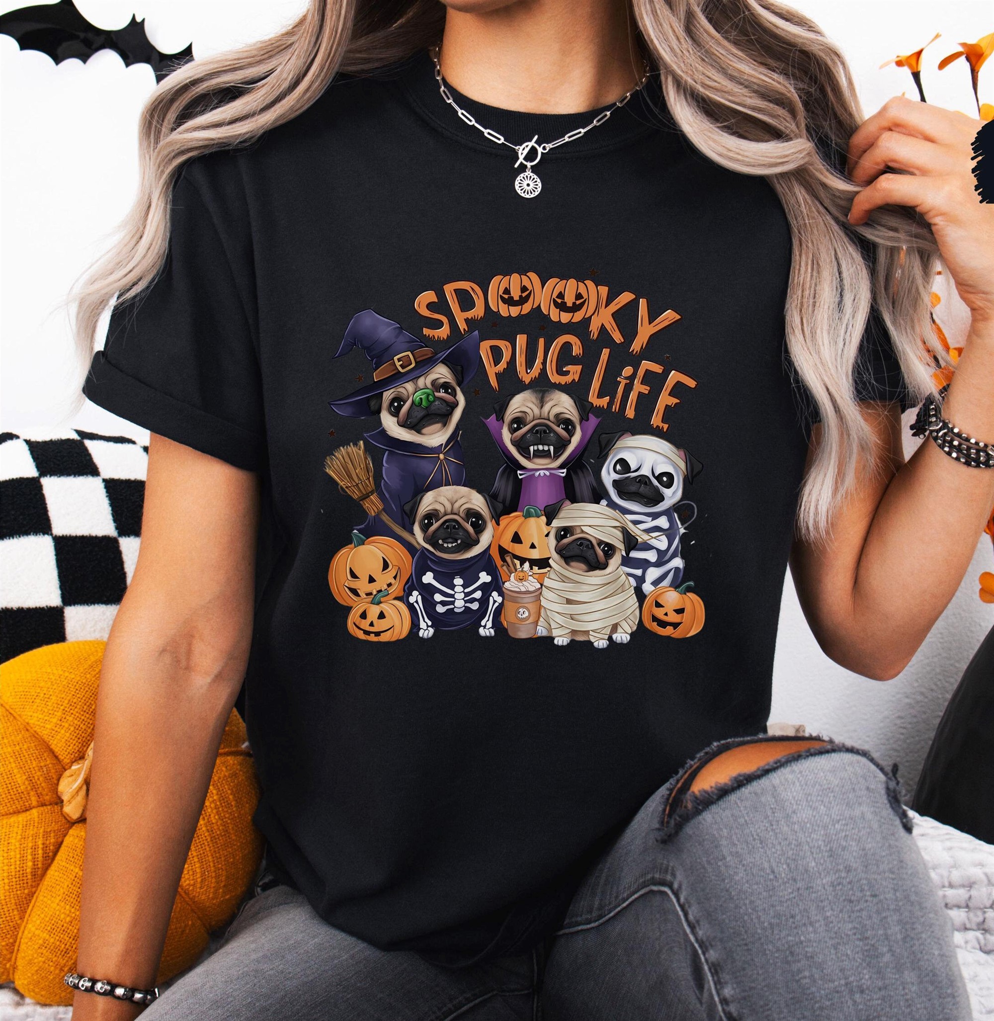 Funny Pug Halloween T-shirt Spooky Pumpkin Dog Lover Graphic Tee Gift