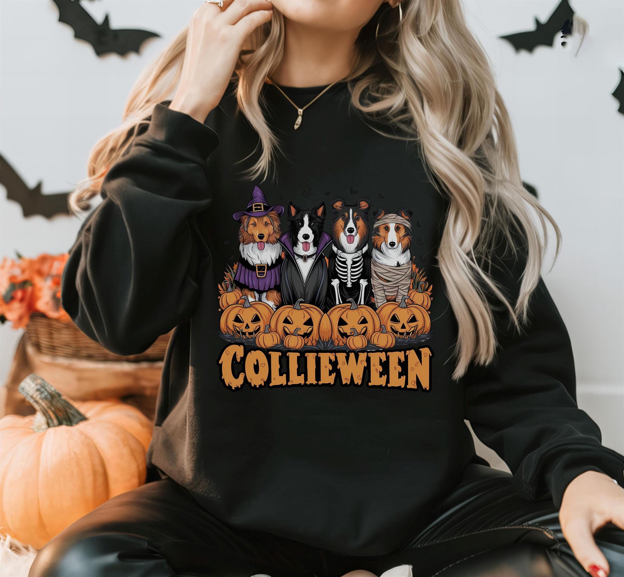 Funny Rough Collie Halloween T-shirt Pumpkin Dog Lover Graphic Tee Gift