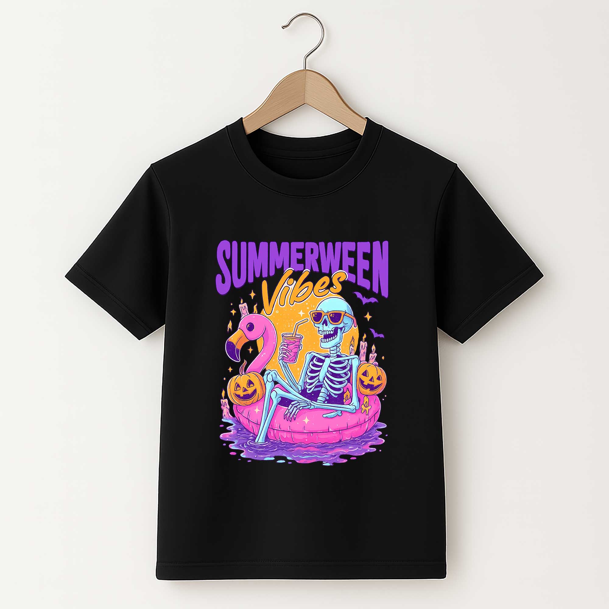 Funny Summerween Vibes T Shirt – Skeleton Pool Float Halloween Graphic Tee