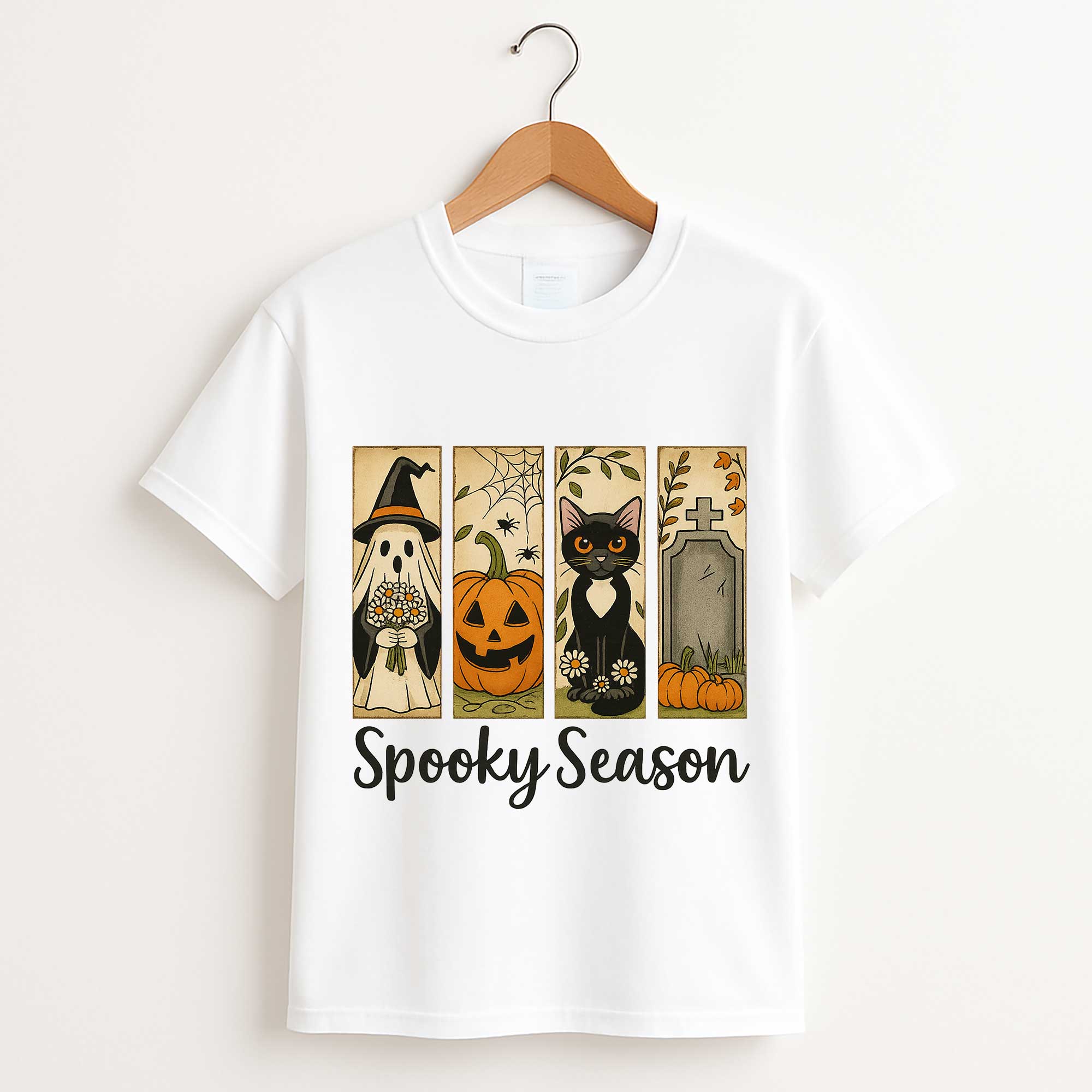 Halloween Spooky Season T Shirt – Ghost Cat Pumpkin Graveyard Graphic Tee