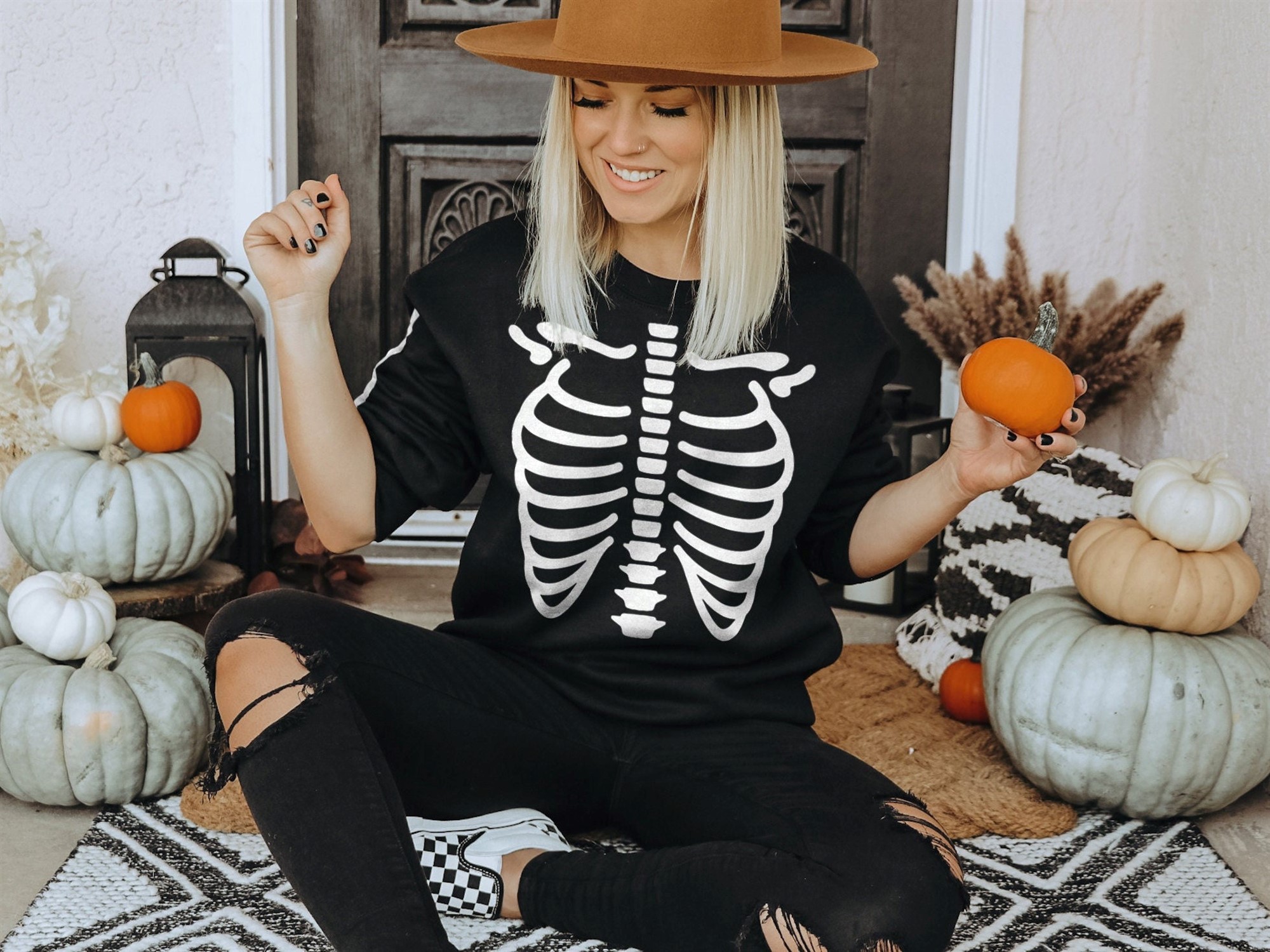 Skeleton Halloween T-shirt Adult Long Sleeve Spooky Graphic Tee