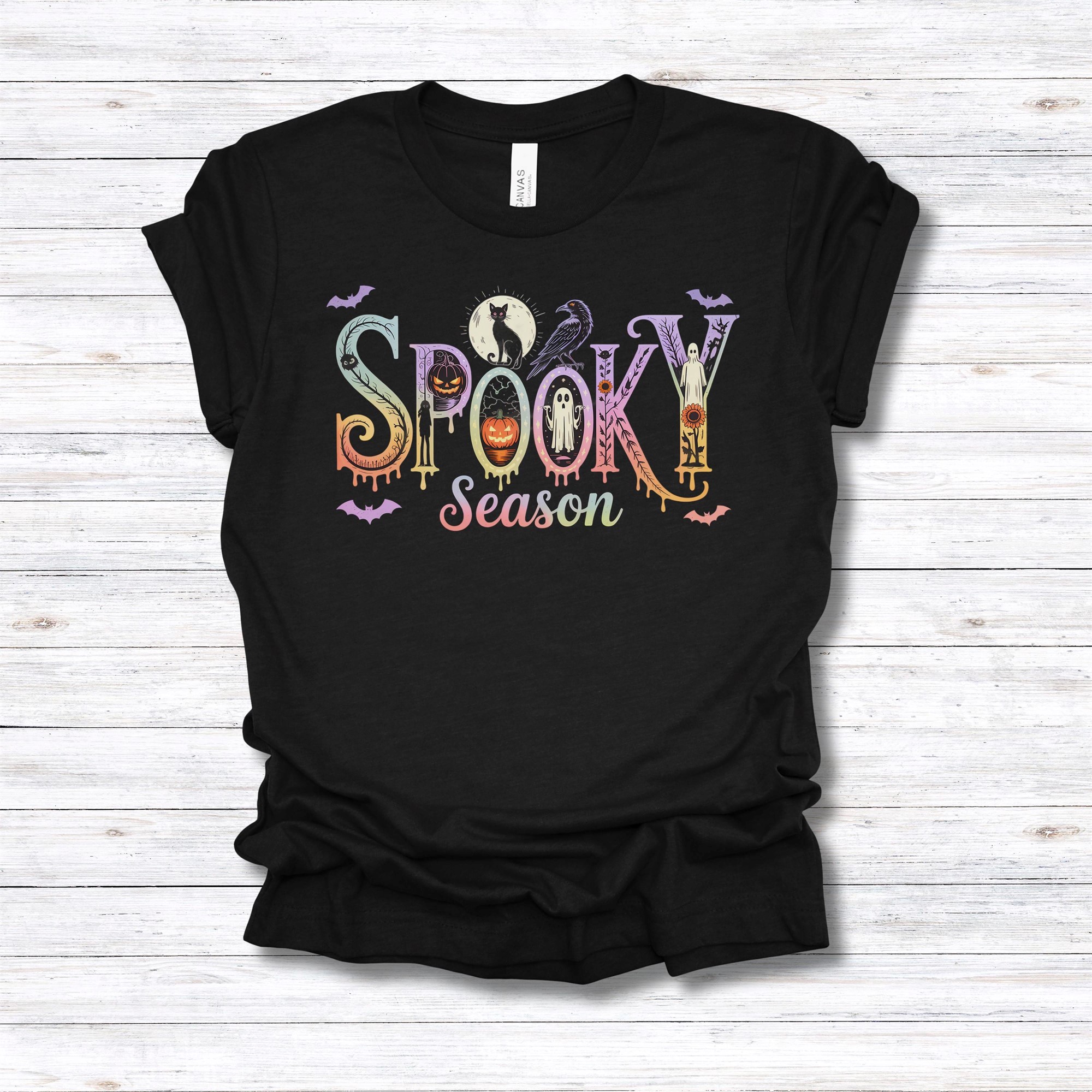 Spooky Season Halloween T-shirt Cute Trick-or-treat Ghosts Black Cat Graphic Tee