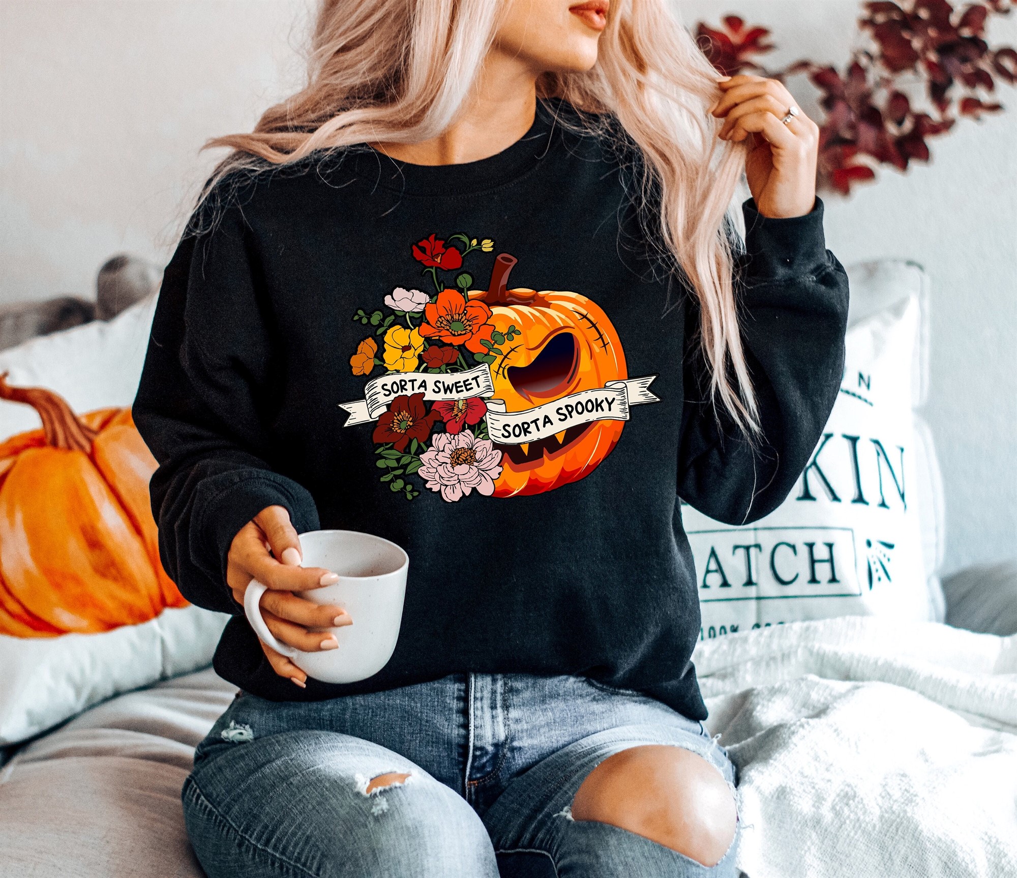 Sweet Sorta Spooky Halloween T-shirt Flower Pumpkin Horror Party Graphic Tee