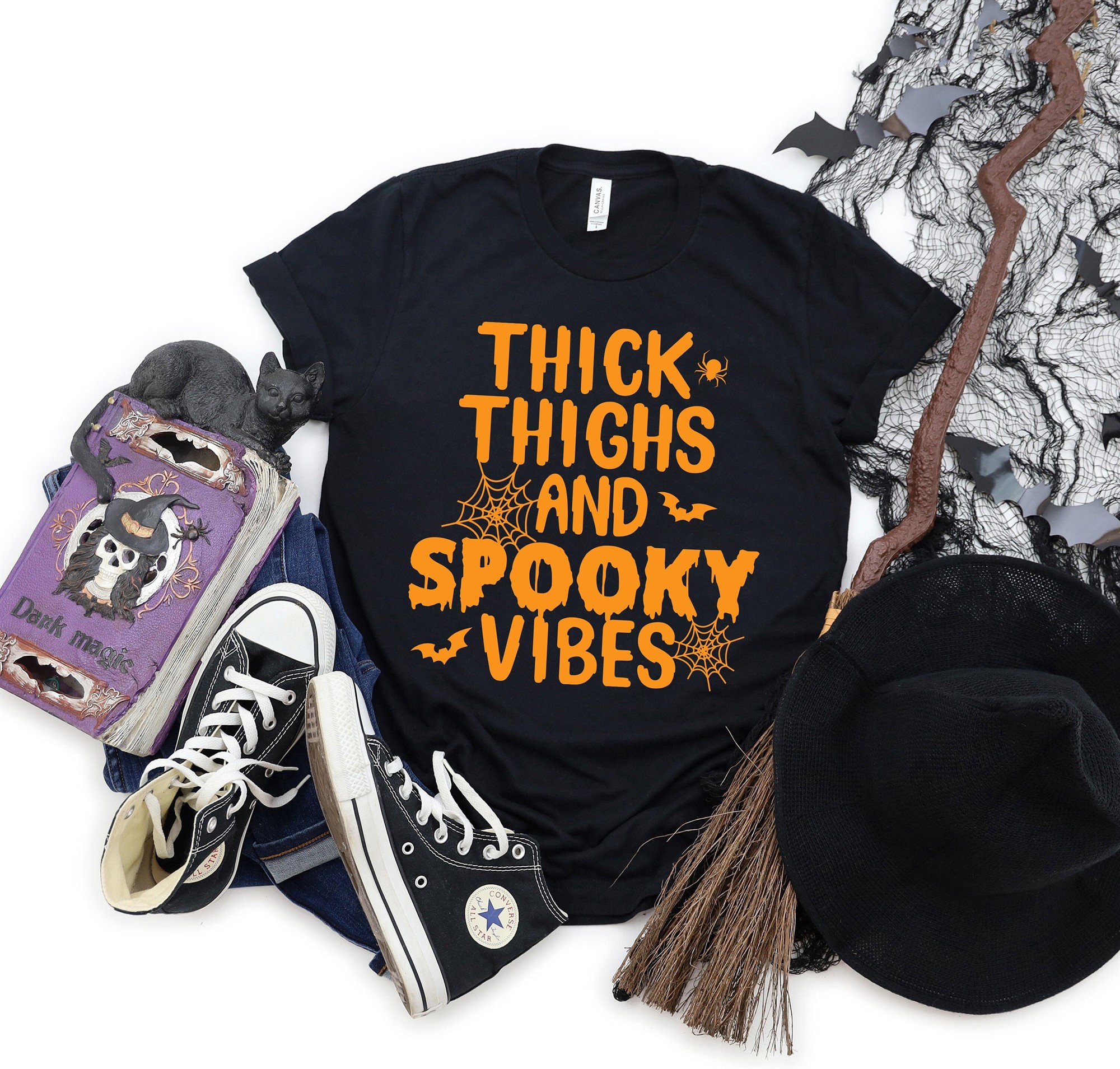 Thick Thighs Spooky Vibes Halloween T-shirt Funny Gothic Spooky Graphic Tee