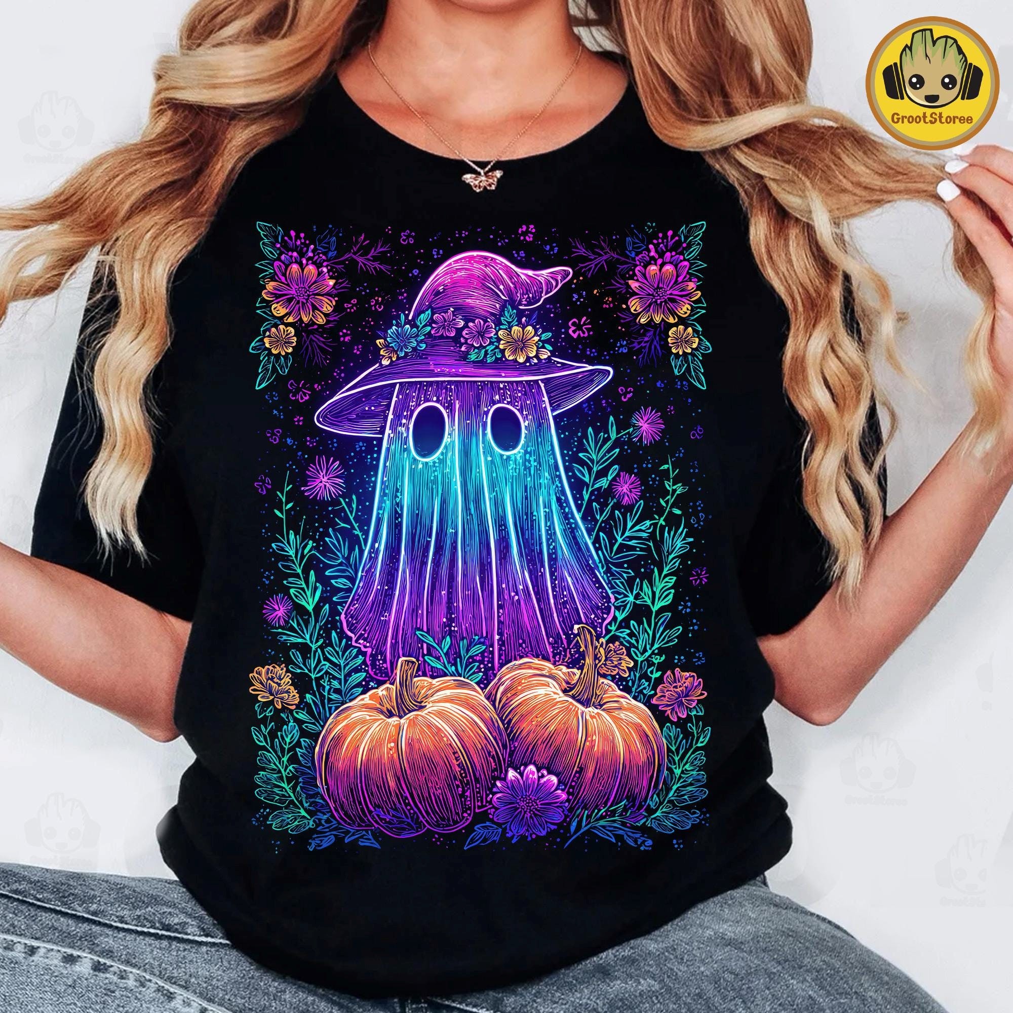 Trendy Halloween Ghost T-shirt Neon Pumpkin Spooky Season Retro Witchy Tee