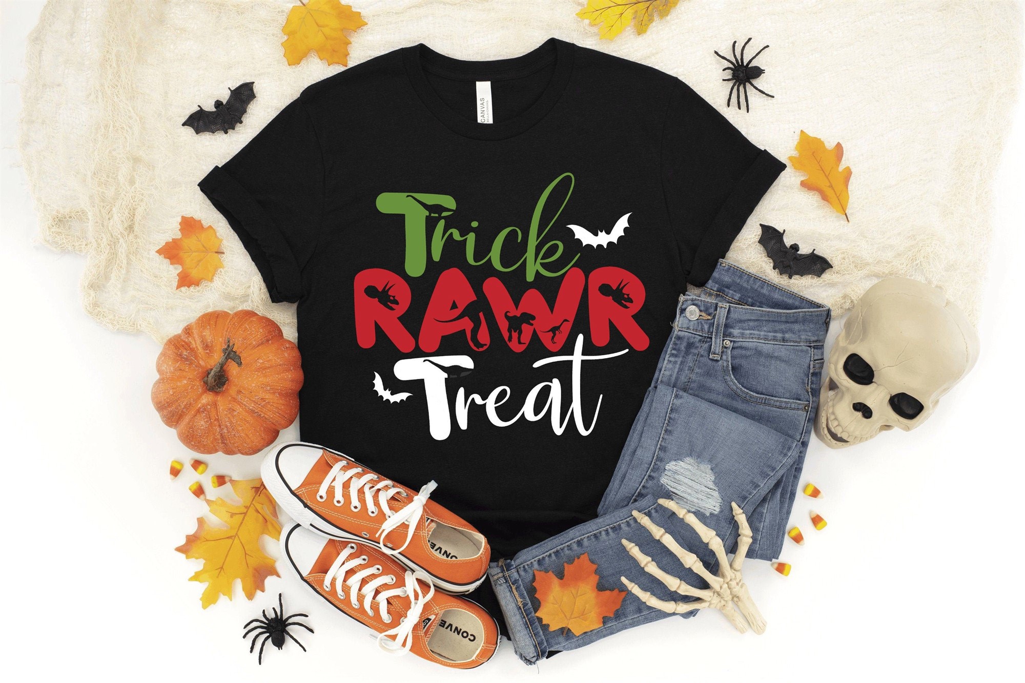Trick Rawr Treat Halloween T-shirt Funny Hocus Pocus Kids Party Tee