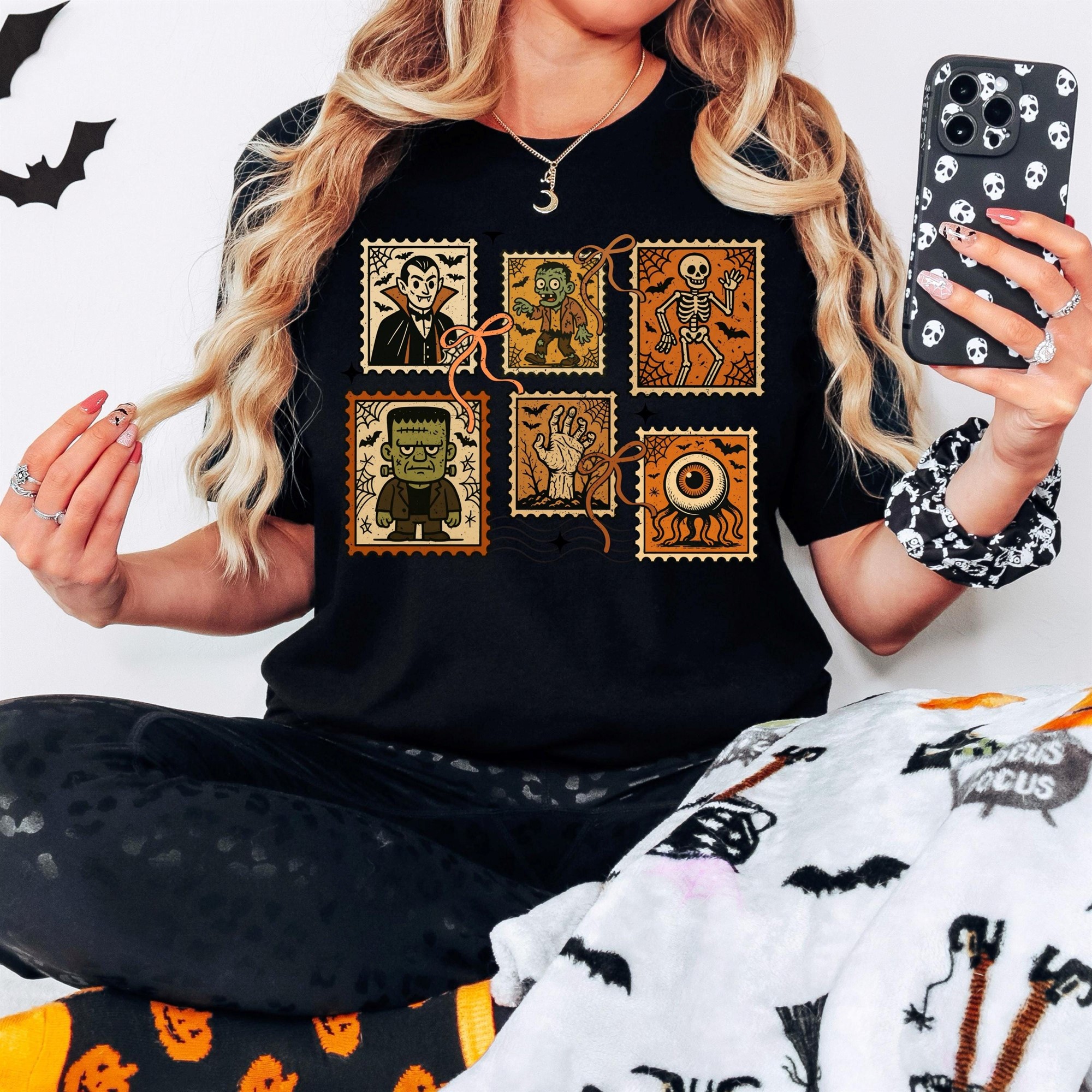 Vintage Monster Stamp Halloween T-shirt Distressed Retro Horror Characters Tee