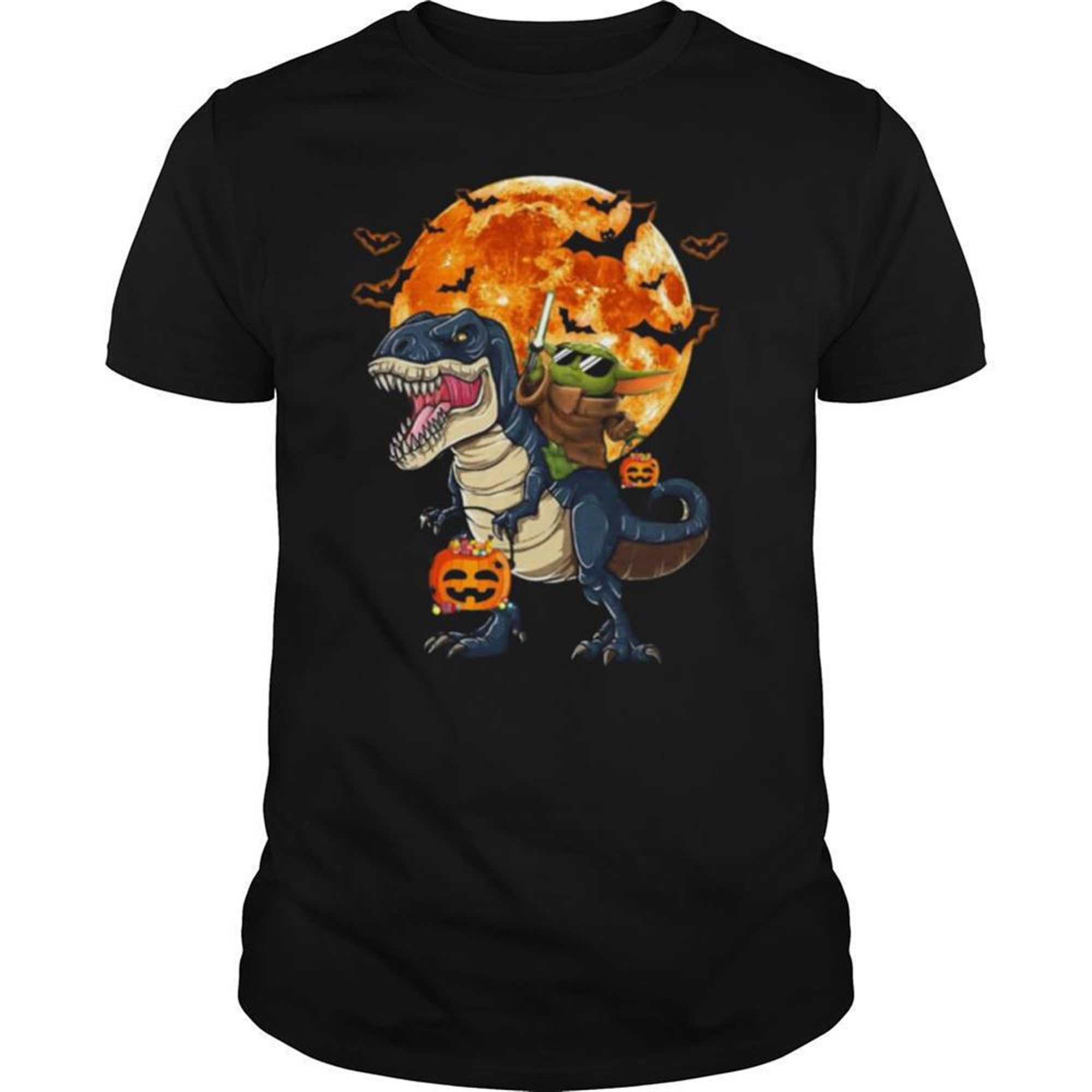 Baby Yoda Riding Dinosaur T Rex Pumpkin Moon Halloween Shirt