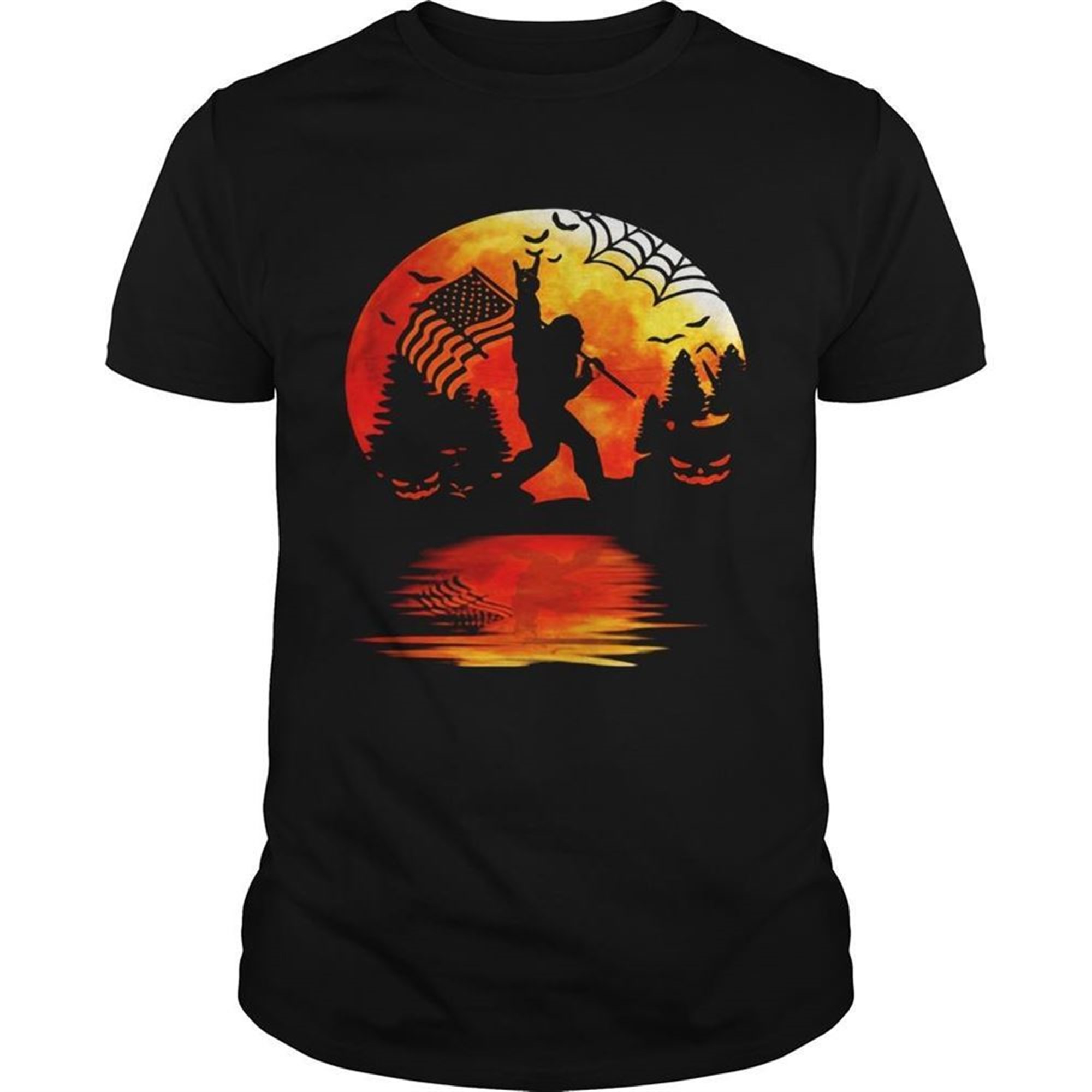 Bigfoot Holding American Flag Moon Halloween Shirt