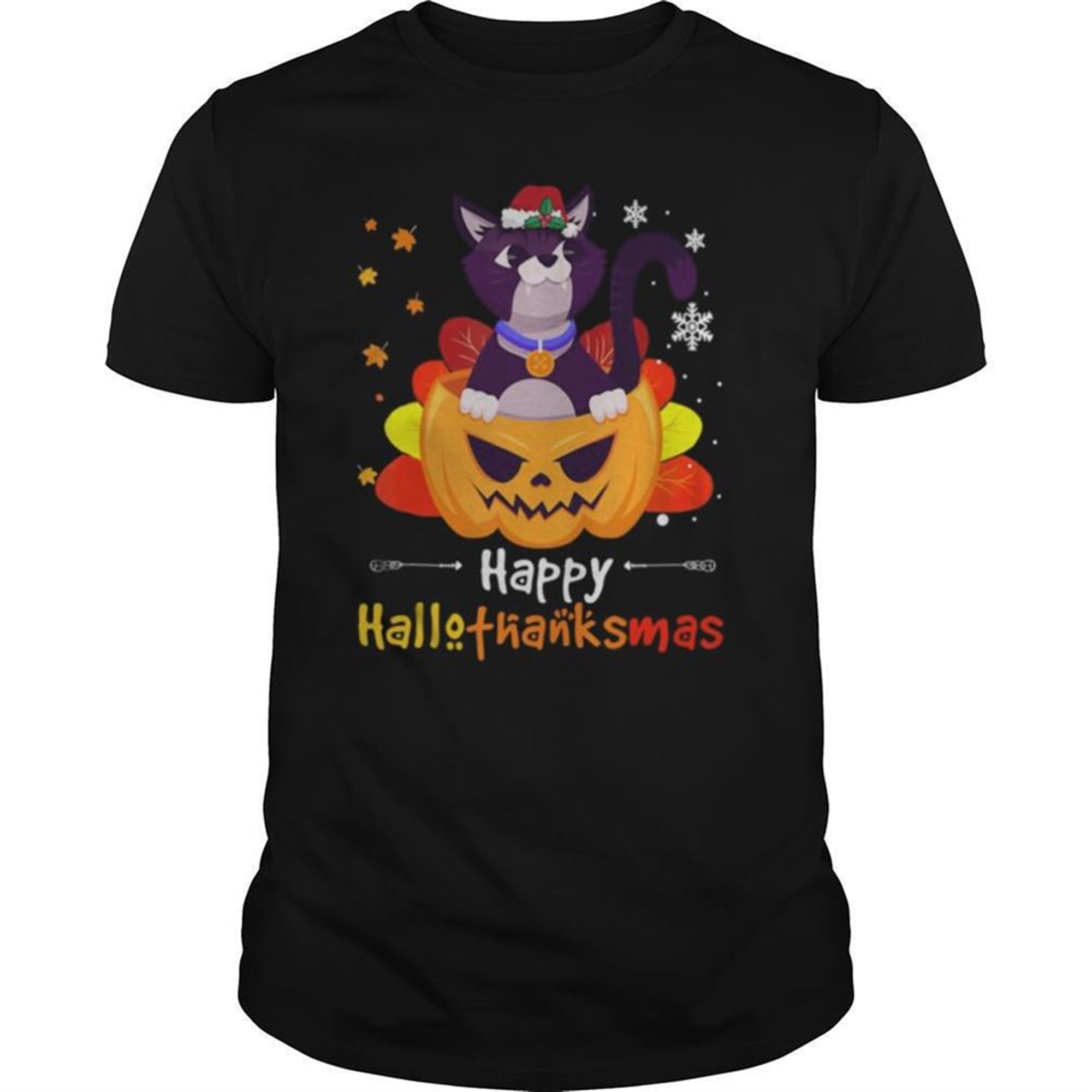 Black Cat Halloween And Merry Christmas Happy Hallothanksmas Shirt