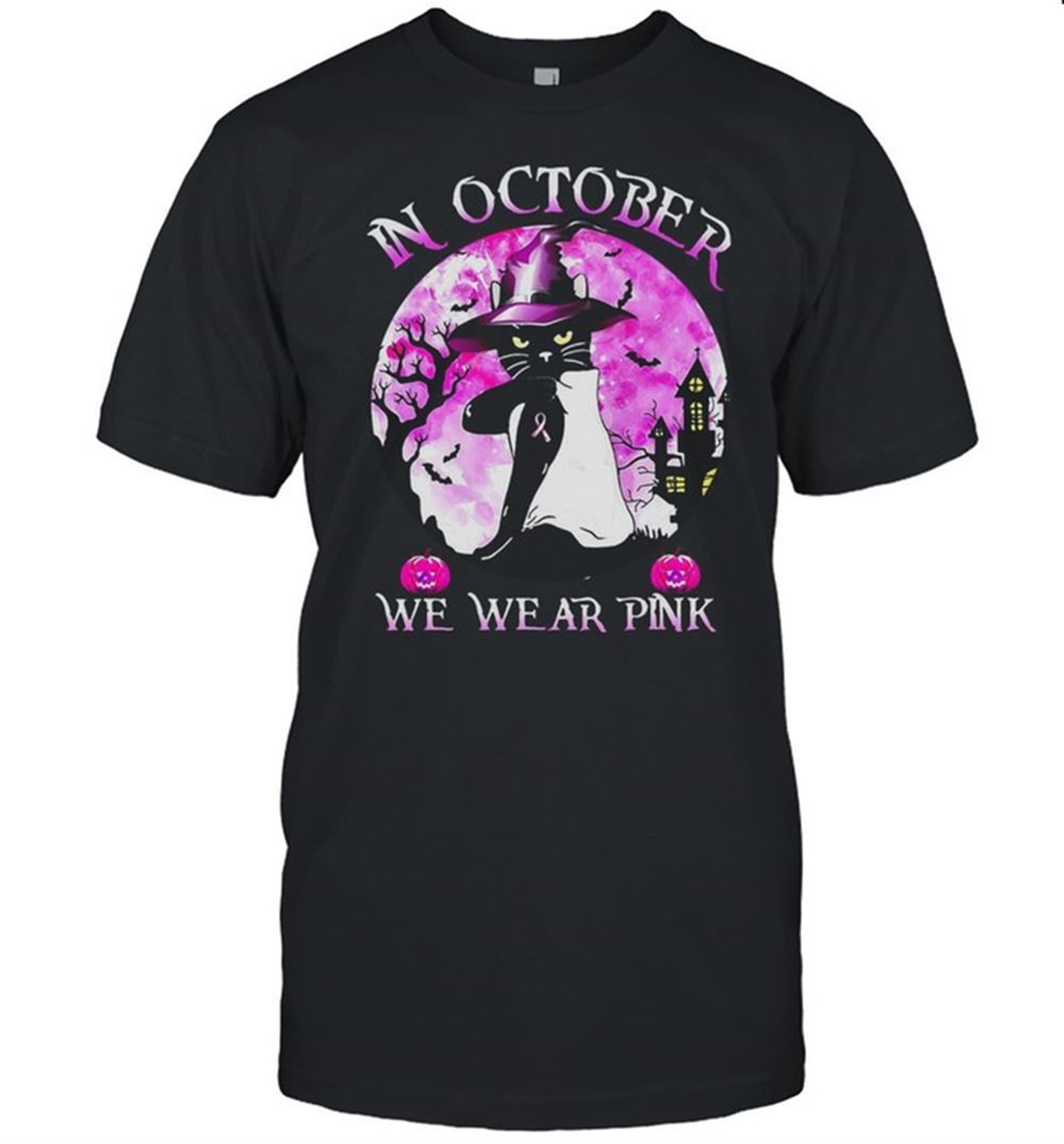 Black Cat In October We Wear Pink Halloween T-shirt