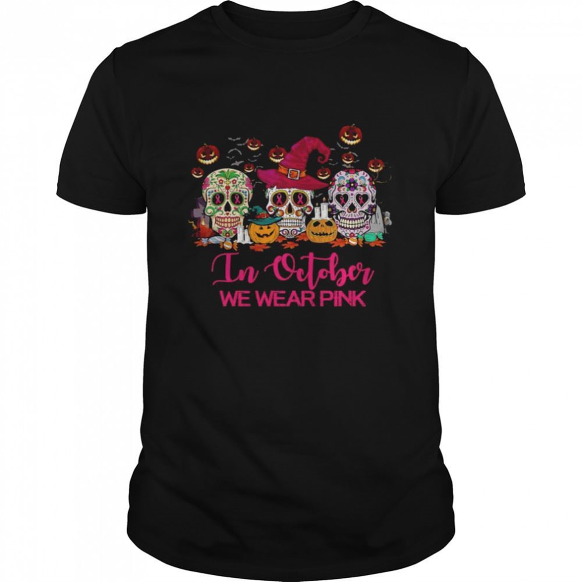 Breast Cancer In October We Wear Pink Skull Halloween Shirt