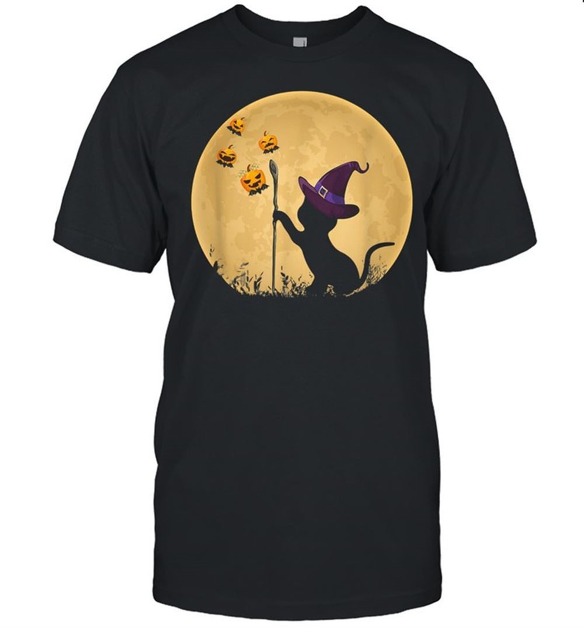 Cat With Witch Hat Pumpkin Bat Moon Halloween Costume Kitty Shirt