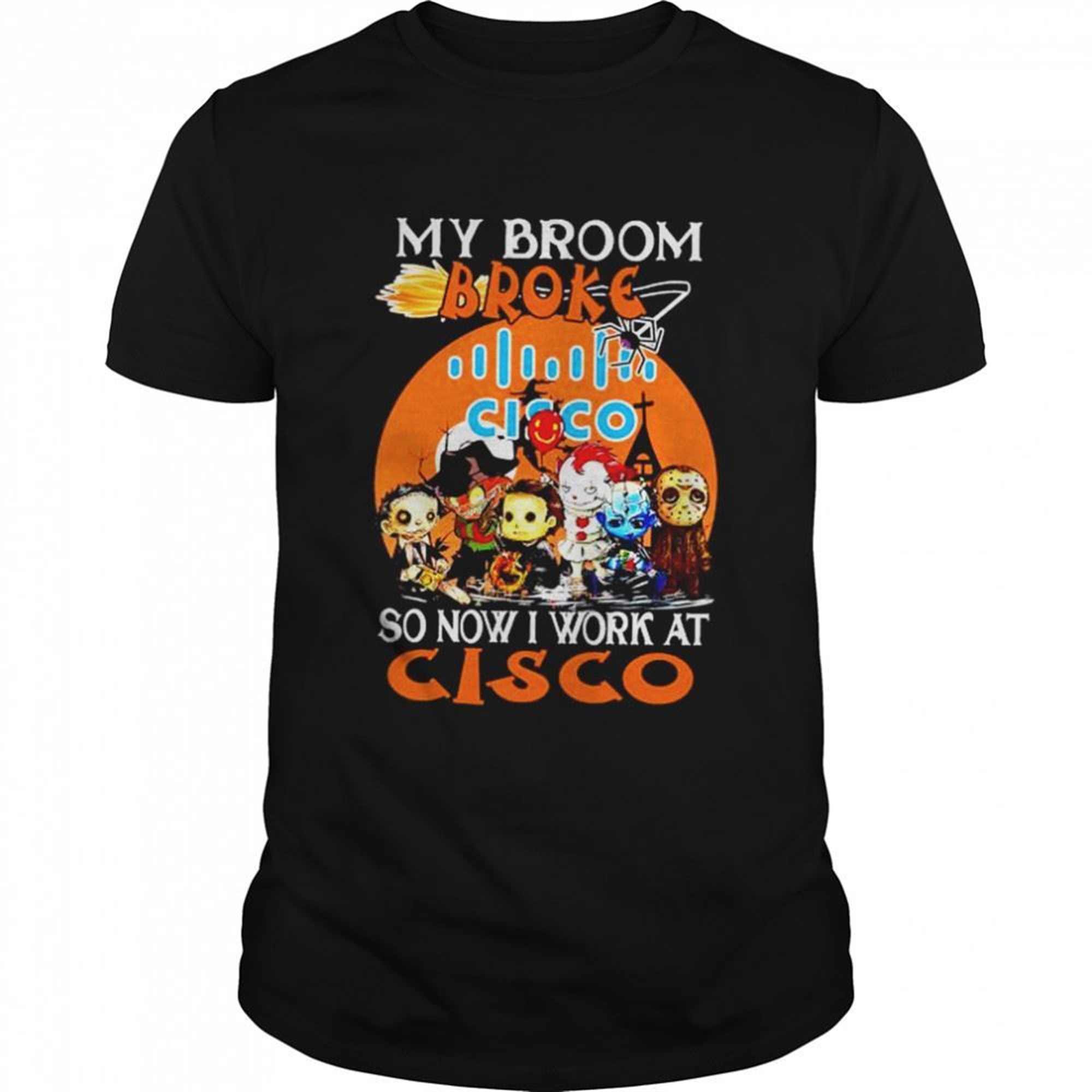 Chibi Horror Characters My Broom Broke So Now I Work At Cisco Halloween Shirt