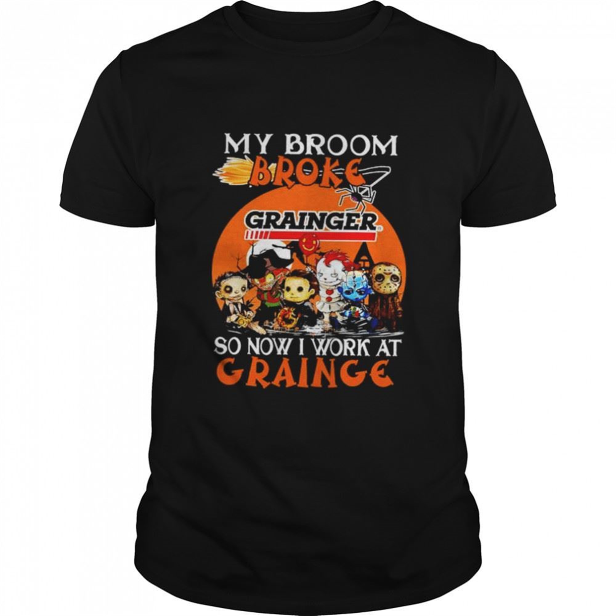 Chibi Horror Characters My Broom Broke So Now I Work At Grainge Halloween Shirt