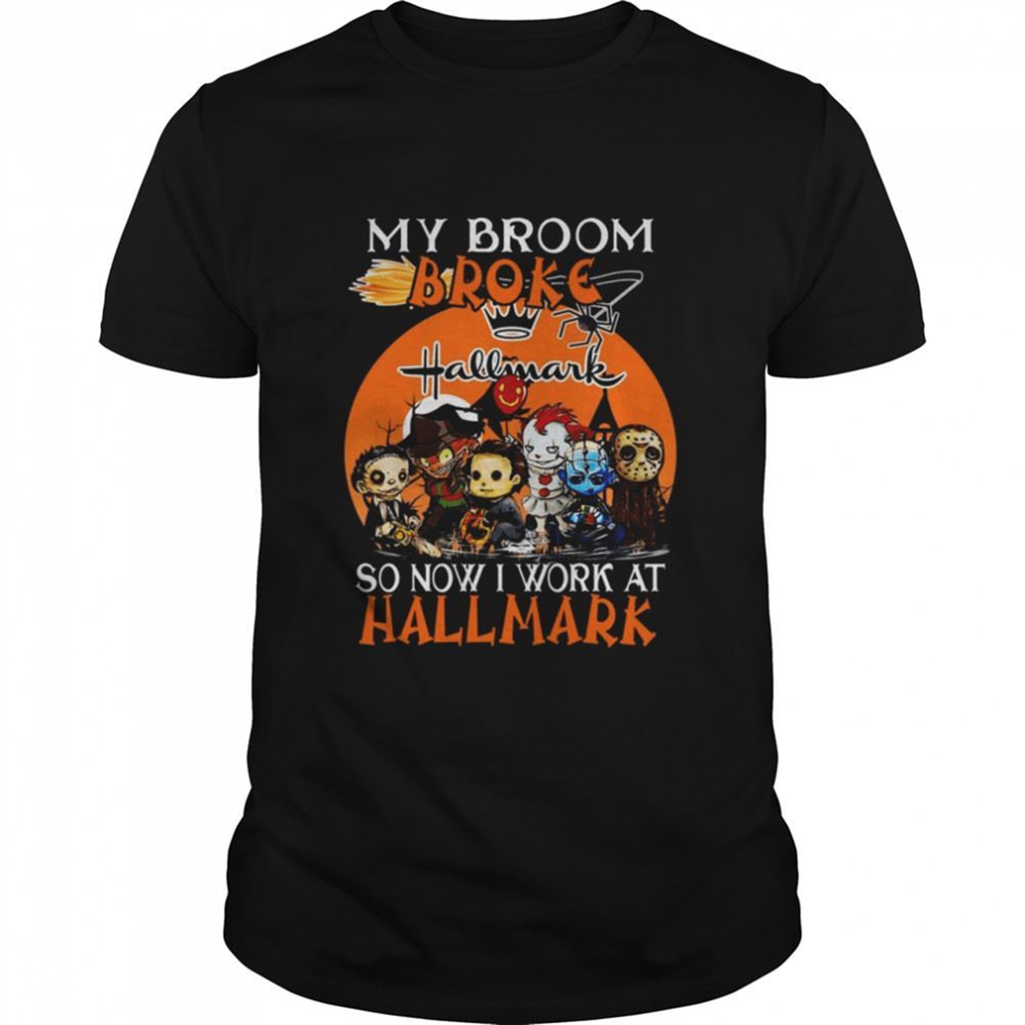 Chibi Horror Characters My Broom Broke So Now I Work At Hallmark Cards Halloween Shirt