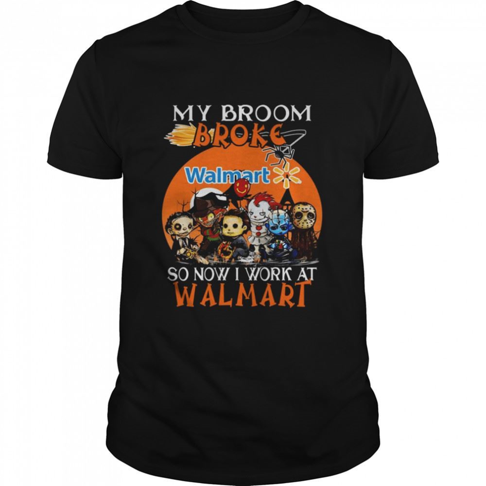 Chibi Horror Characters My Broom Broke So Now I Work At Walmart Halloween Shirt