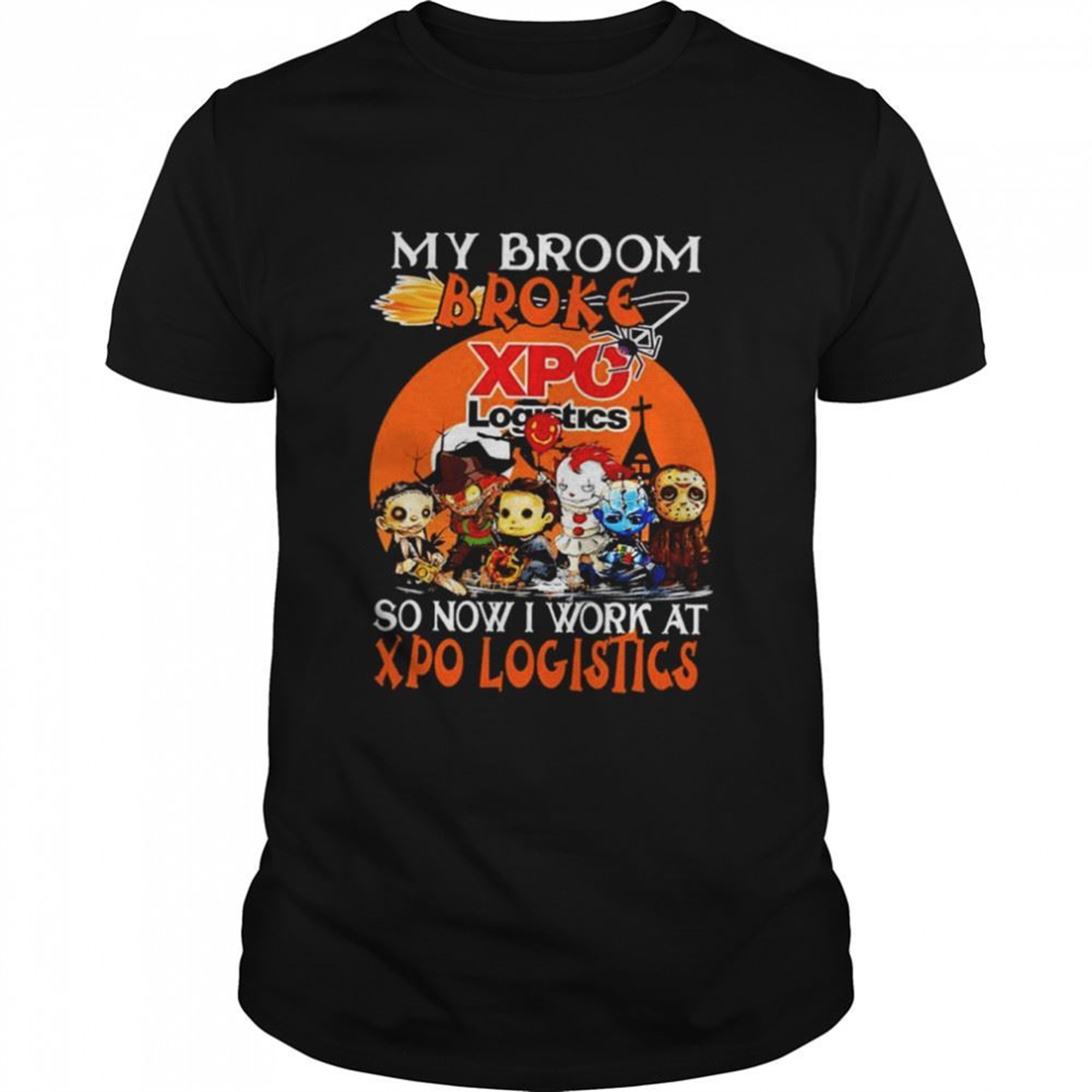 Chibi Horror Characters My Broom Broke So Now I Work At Xpo Logistics Halloween Shirt