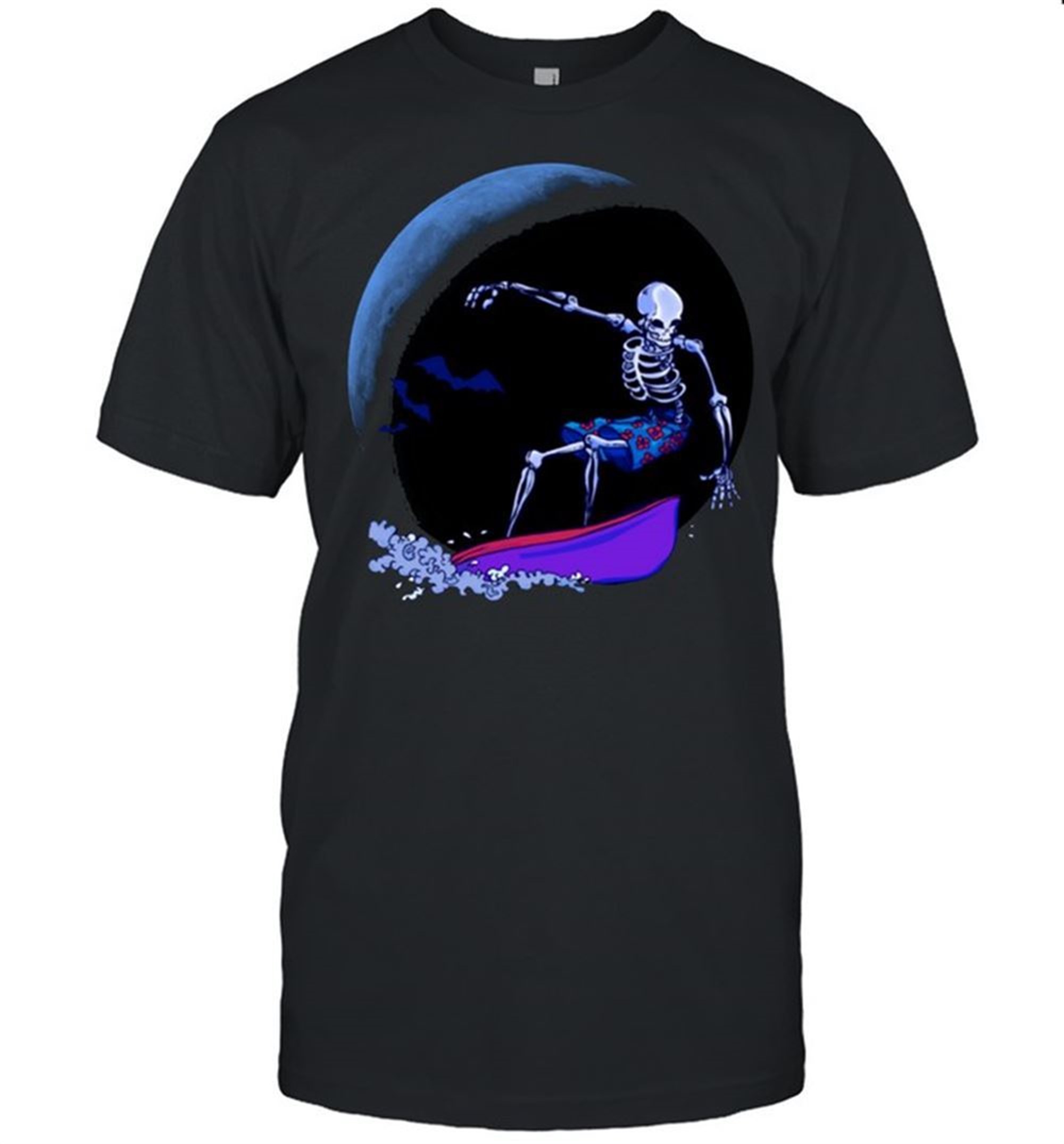 Cool And Creepy Full Moon Surfing Skeleton Halloween Shirt