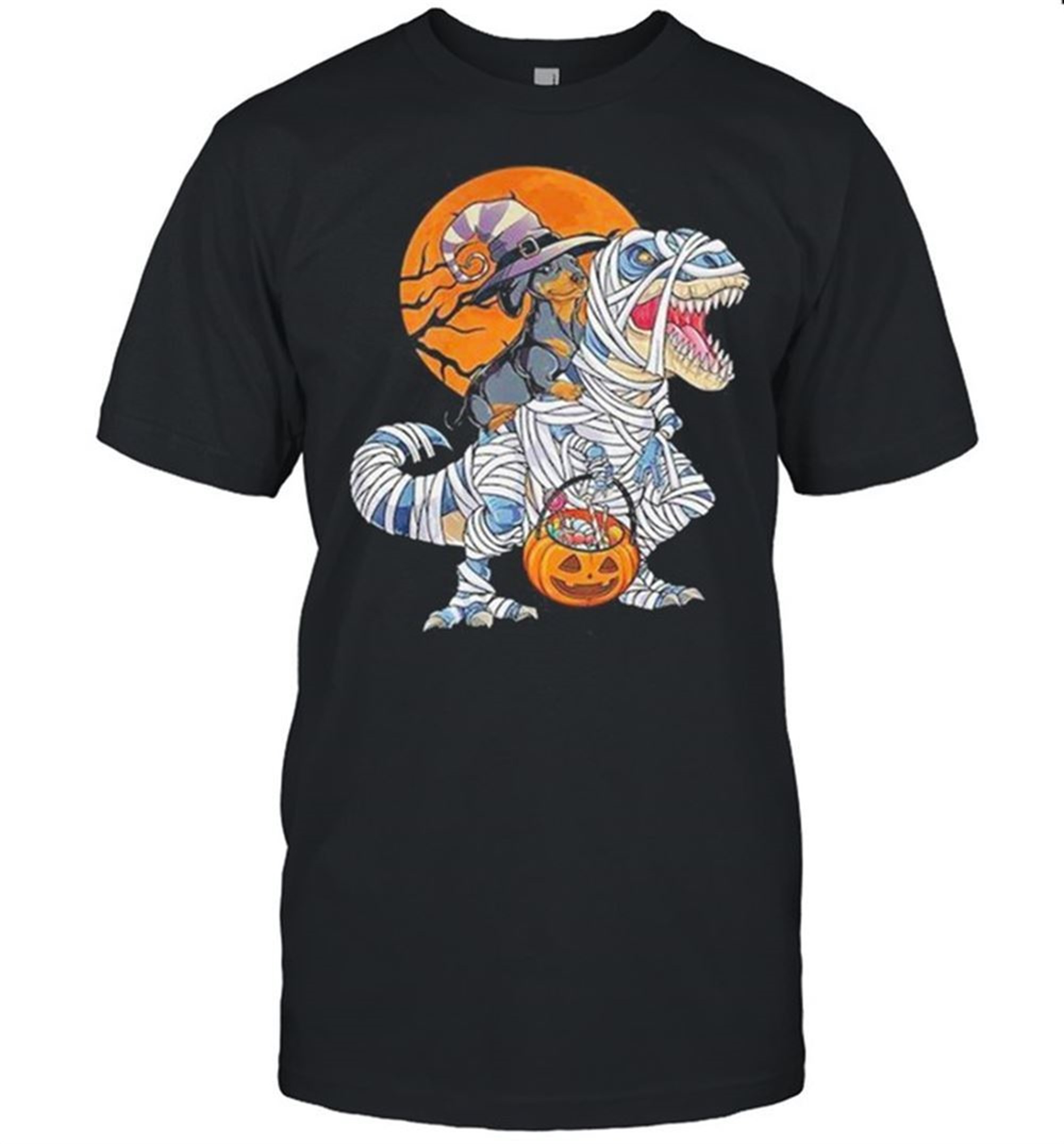 Dachshund Witch Riding Dinosaurs Trex Halloween Shirt