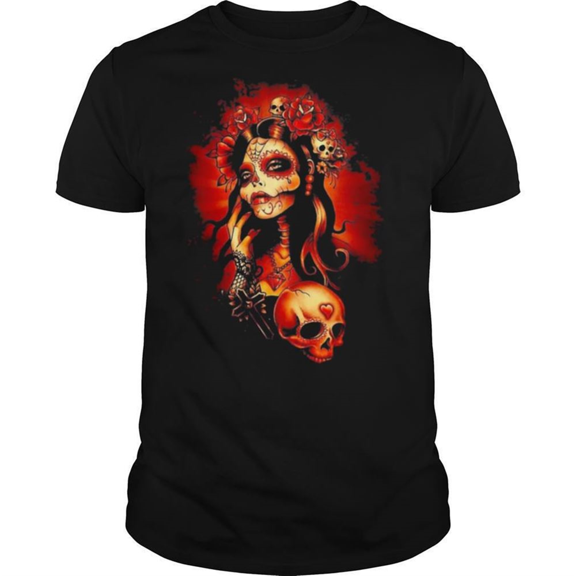 Day Of The Dead Sugar Skull Girl With Rose Tattoo Halloween Shirt