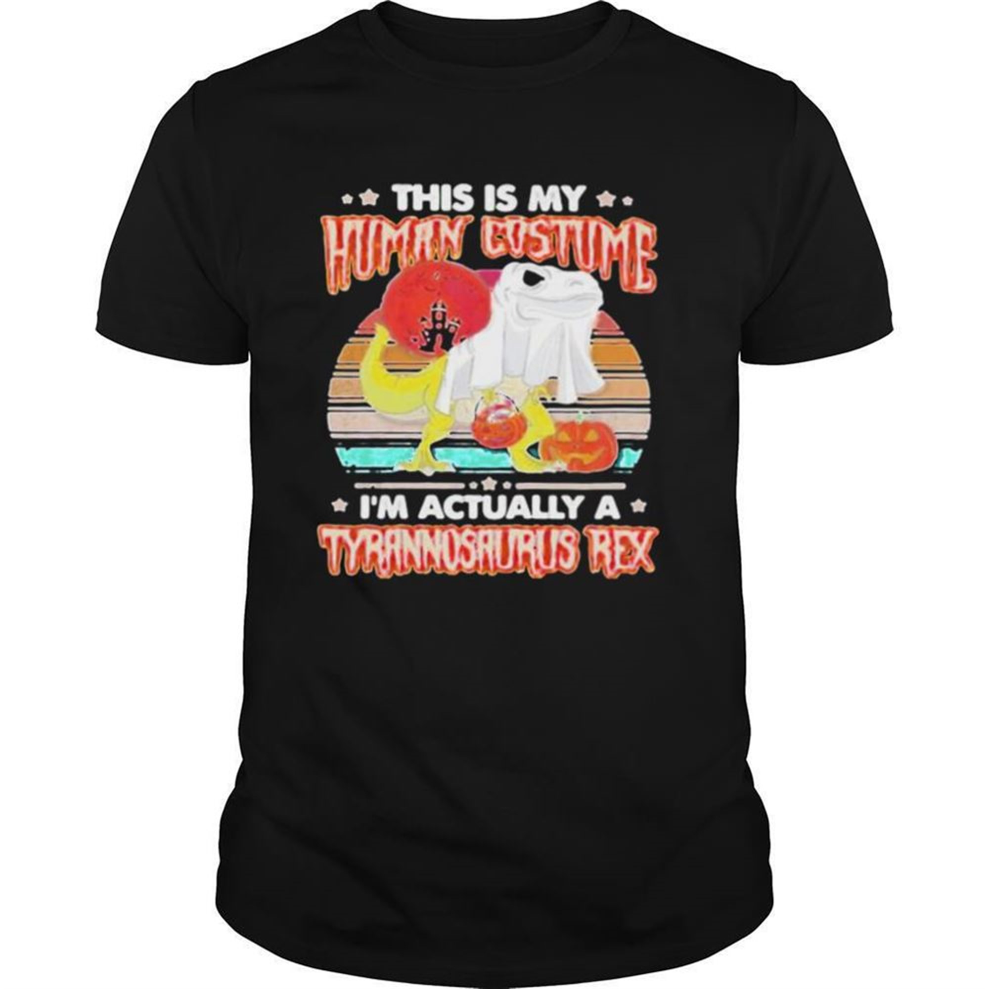 Dinosaur Ghost This Is Human Costume Im Actually A Tyrannosaurus Rex Sunset Vintage Retro Halloween Shirt