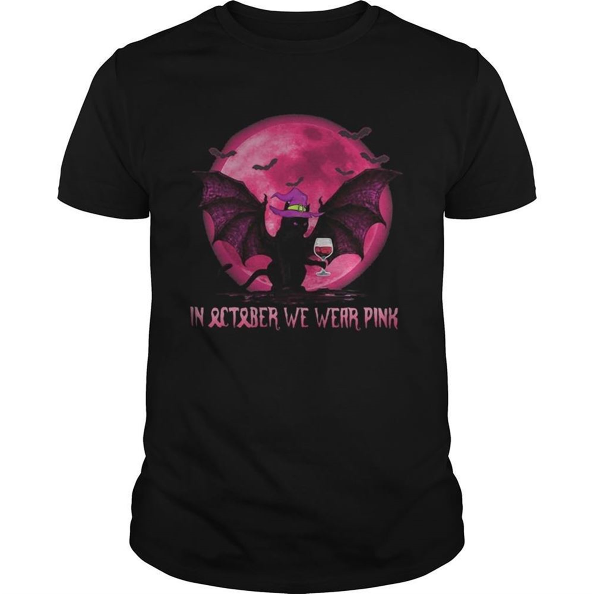Halloween Bat Cat Witch In October We Wear Pink Moon Shirt