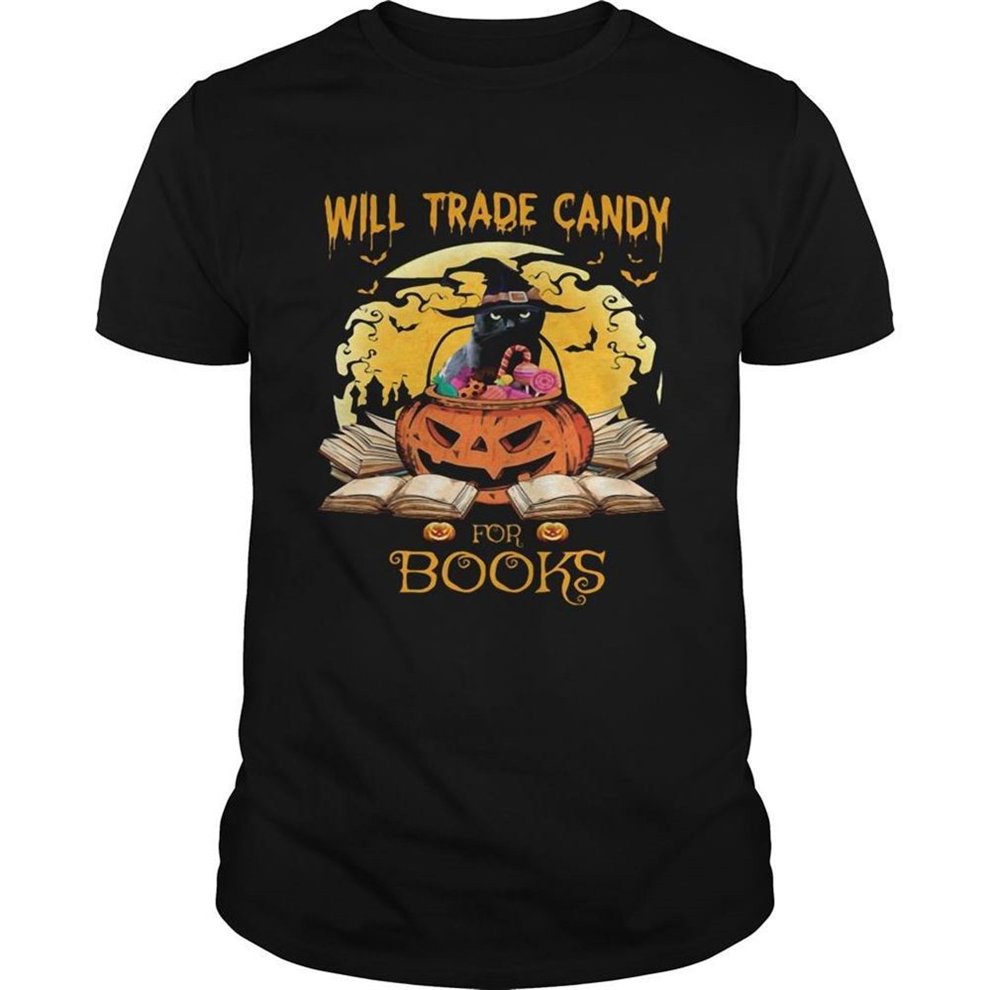 Halloween Cat Witch Will Trade Candy For Books Moon Shirt