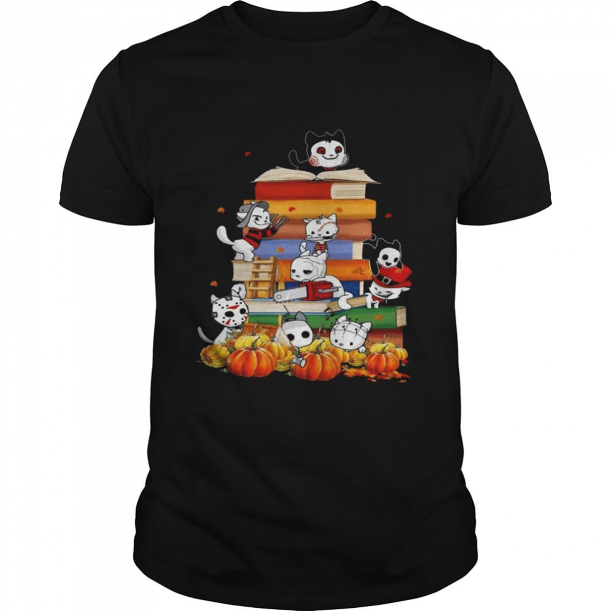 Halloween Cats Horror Movie Characters Books And Pumpkin Shirt