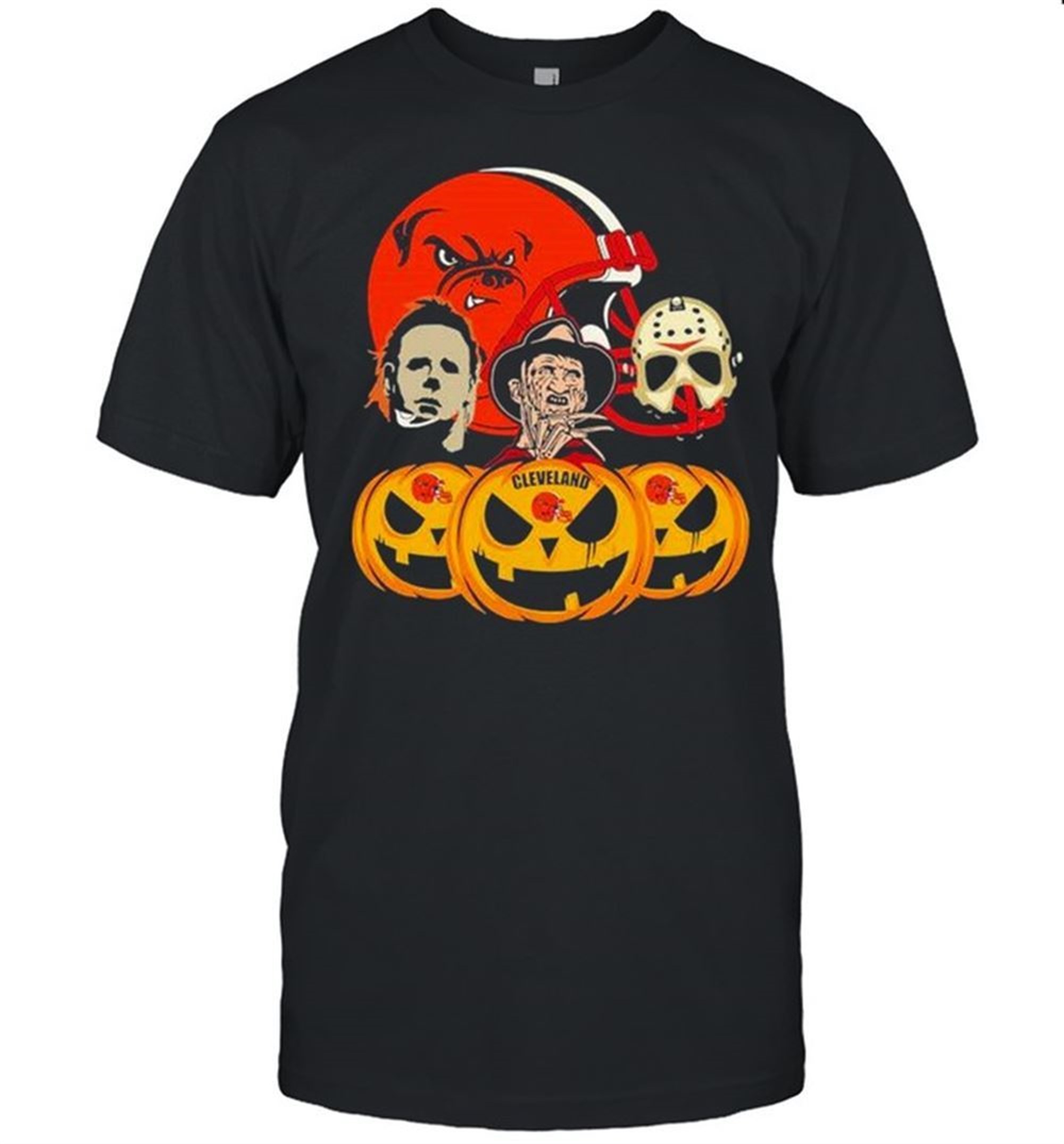 Halloween Horror Movie Pumpkin And Jason Voorhees And Freddy Krueger Cleveland Browns Shirt