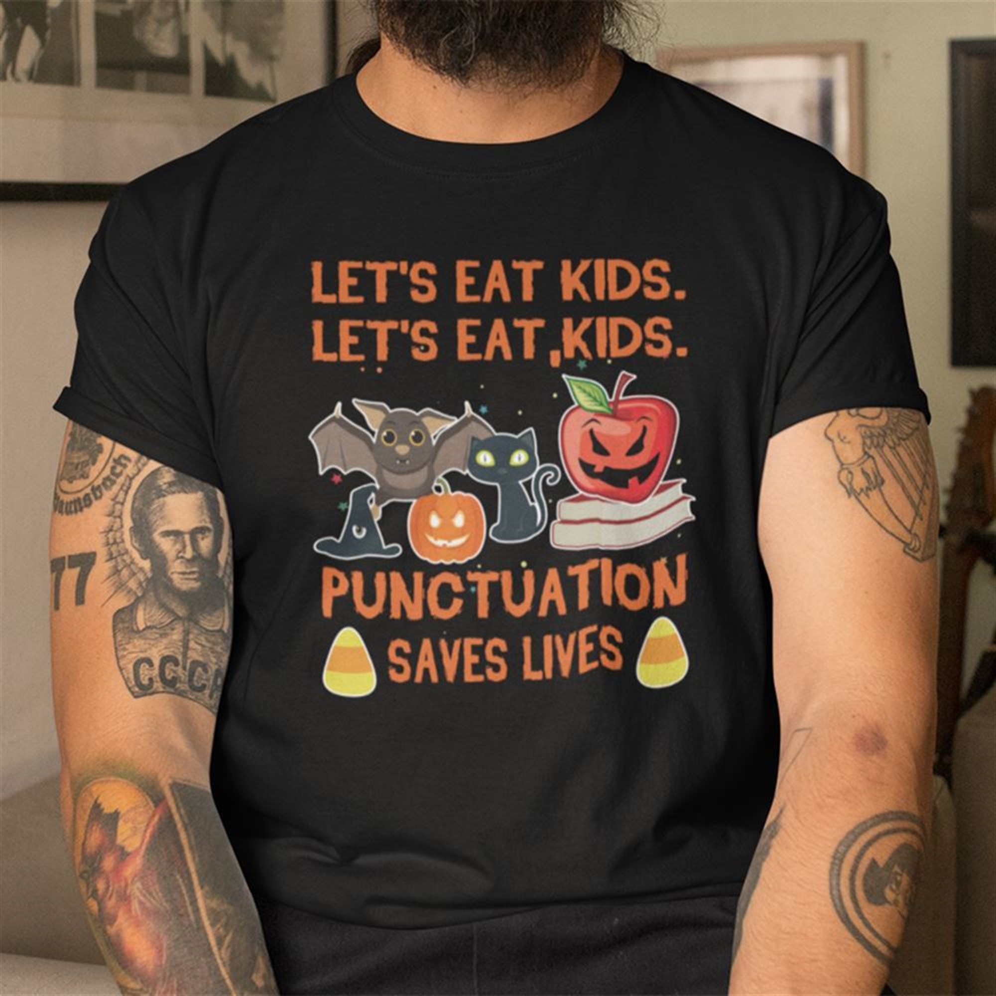 Halloween Teacher Shirt Lets Eat Kid Puntuation Saves Lives
