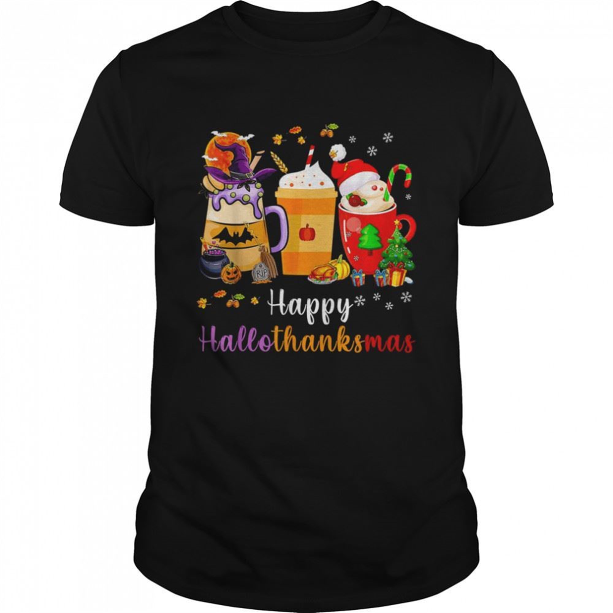 Happy Hallothanksmas Coffee Latte Halloween Funny Thanksgiving T-shirt