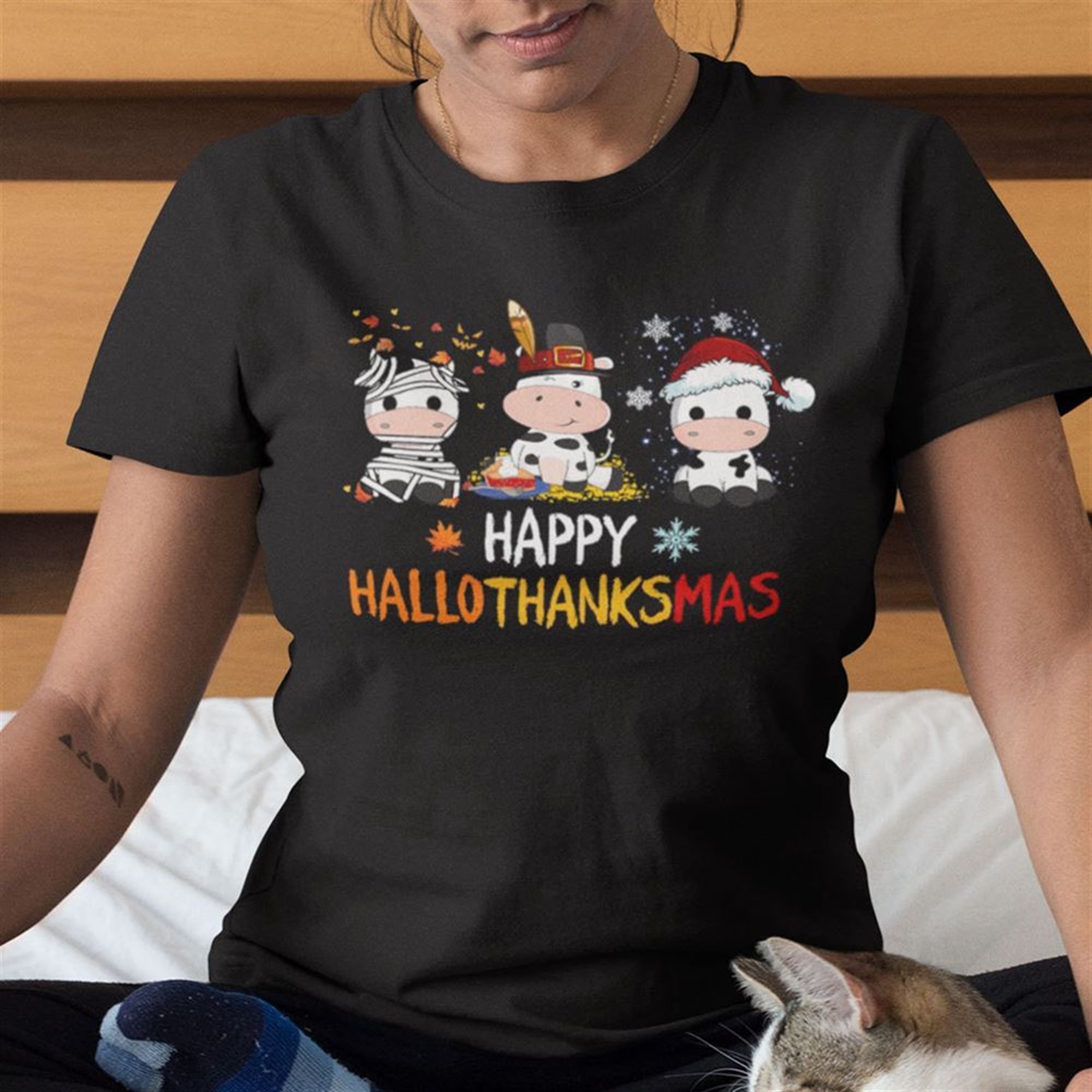 Happy Hallothanksmas Cow Shirt Happy Halloween Thanksgiving Christmas