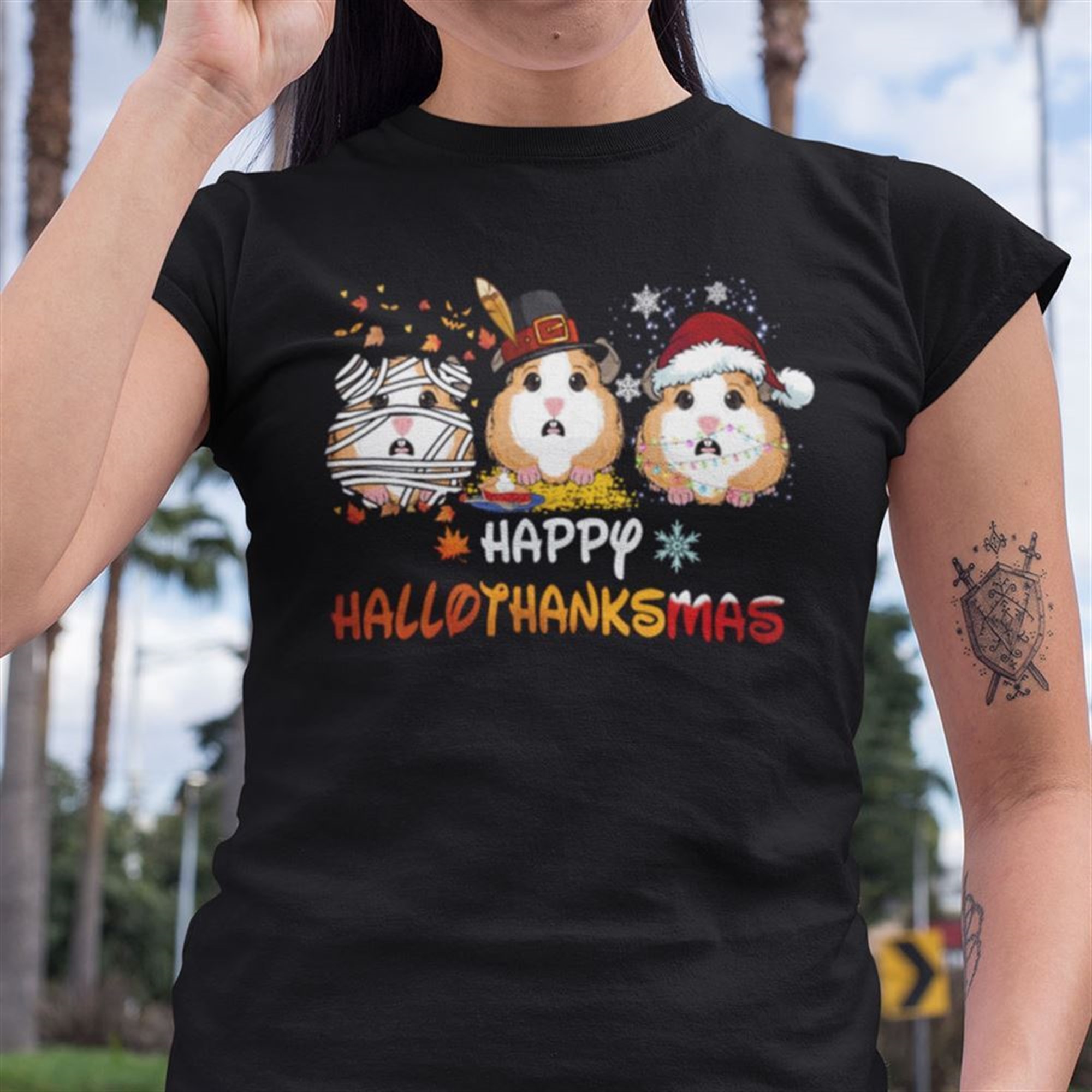 Happy Hallothanksmas Hamster Shirt Happy Halloween Thanksgiving Christmas
