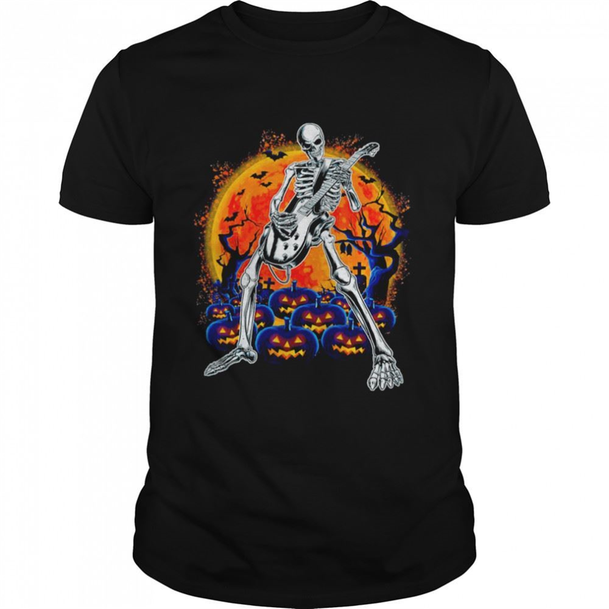 Happy Skeleton Guitar Spooky Halloween Rock Band Concert T-shirt