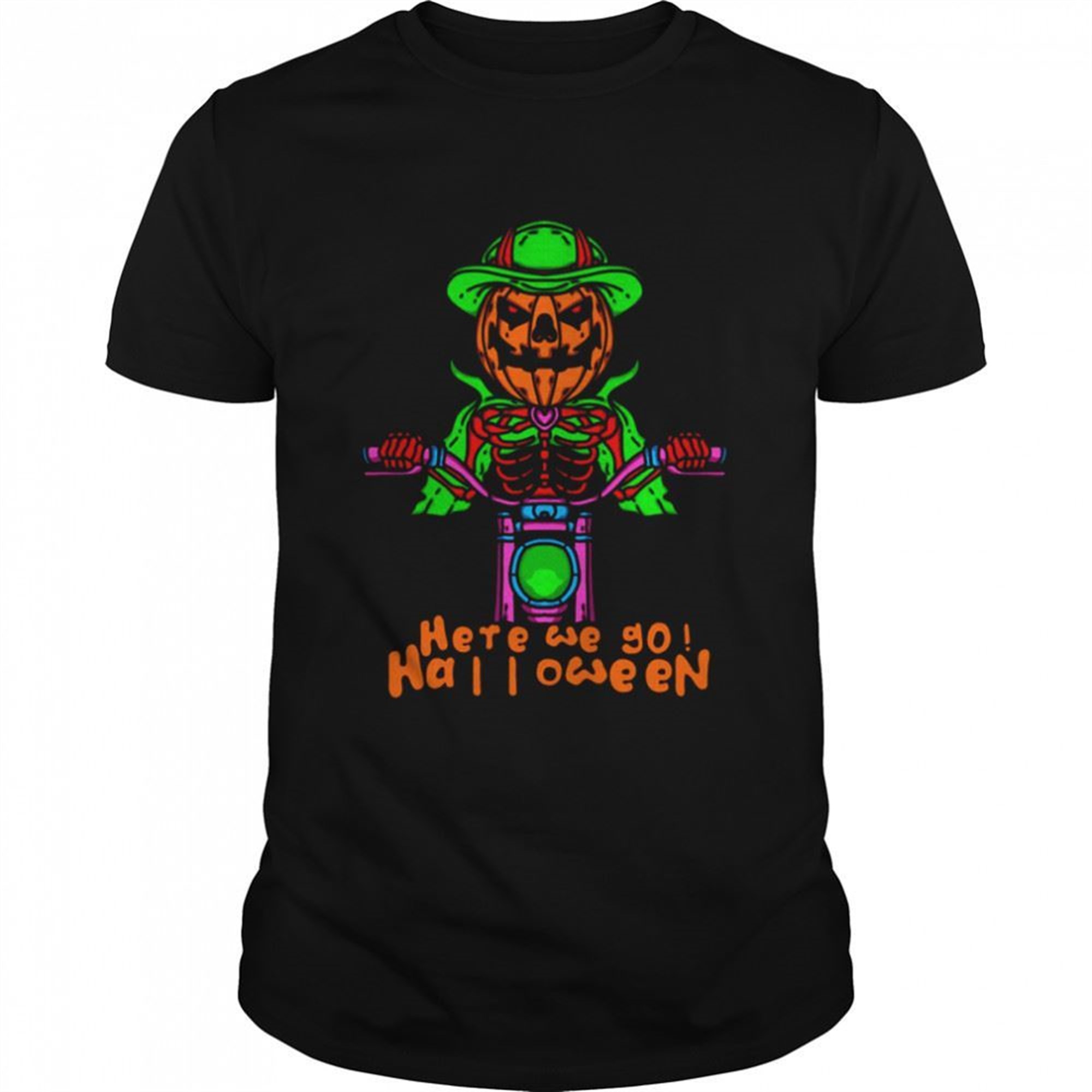 Here We Go Halloween Pumpkin Head Skeleton Motorcycle Driving Shirt