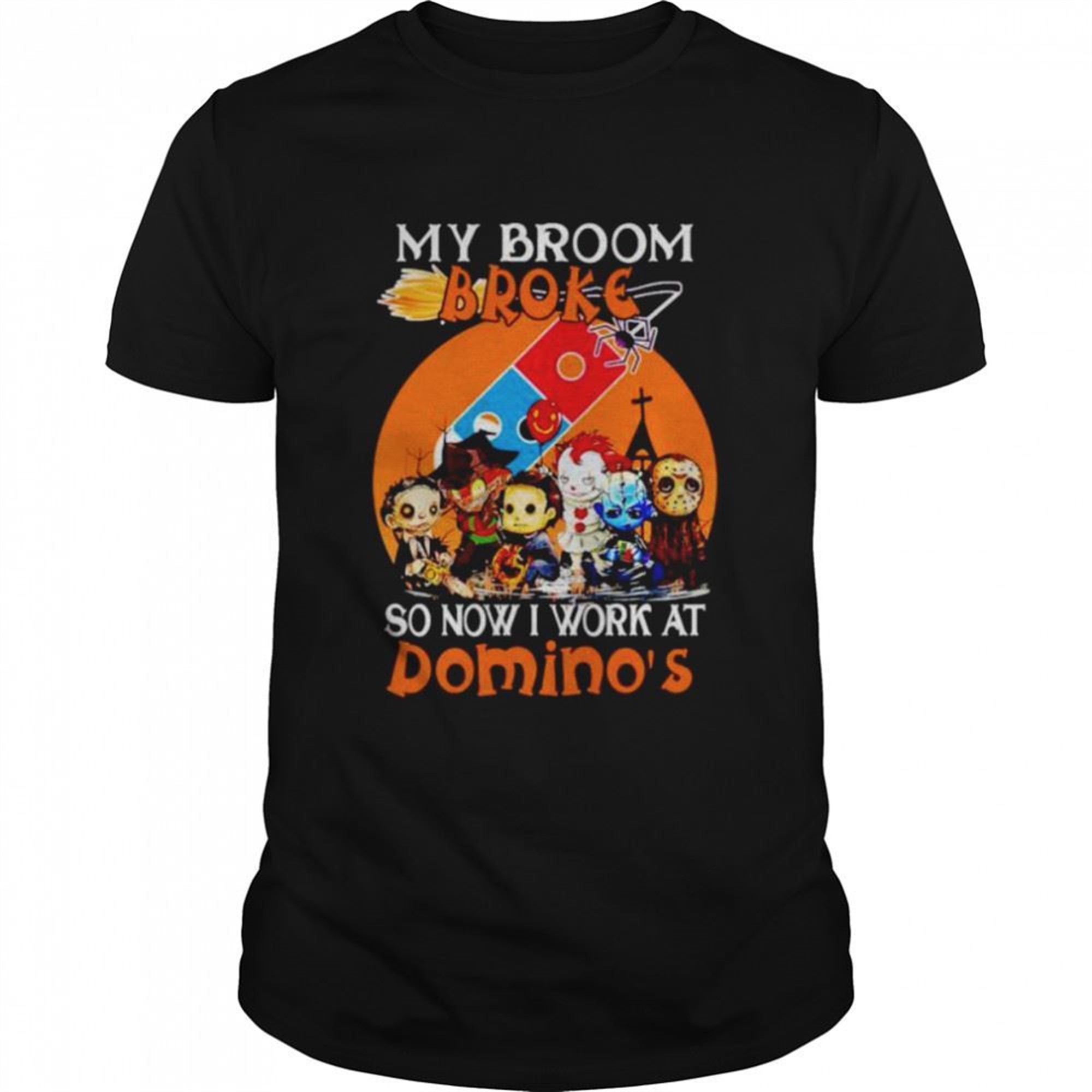 Horror Halloween Chibi My Broom Broke So Now I Work At Dominos Shirt