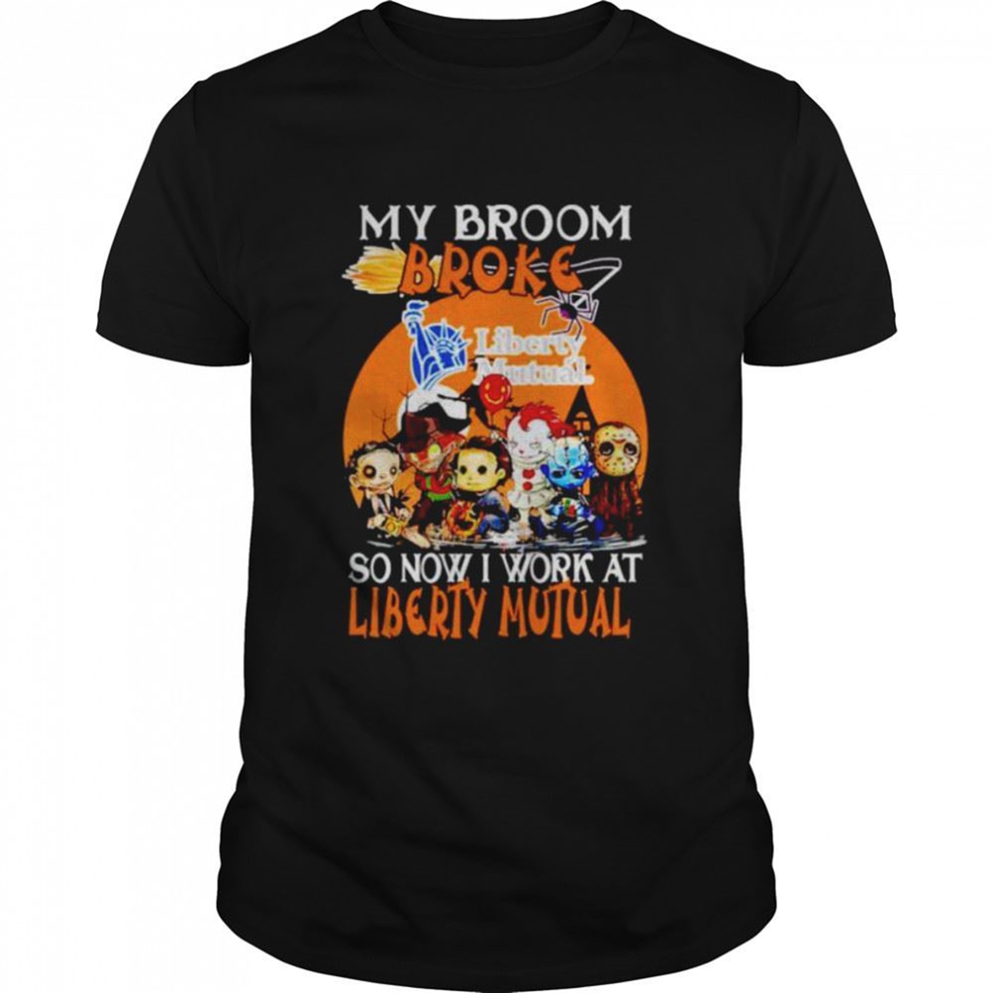 Horror Halloween Chibi My Broom Broke So Now I Work At Liberty Mutual Shirt