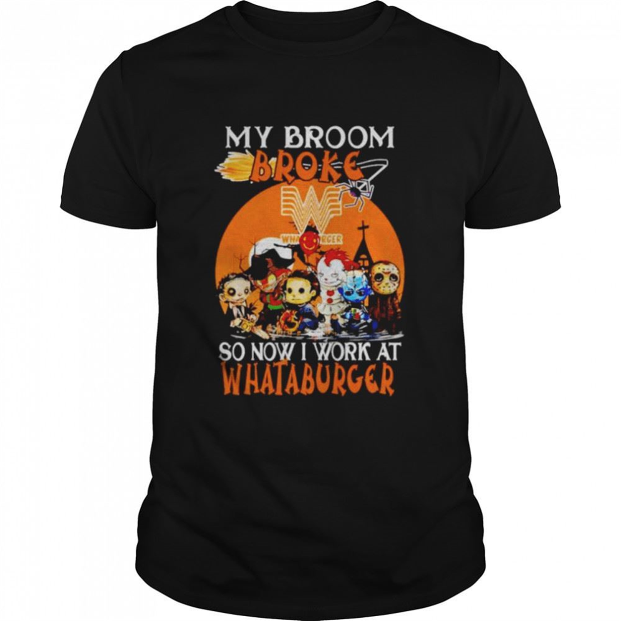 Horror Halloween Chibi My Broom Broke So Now I Work At Whataburger Shirt