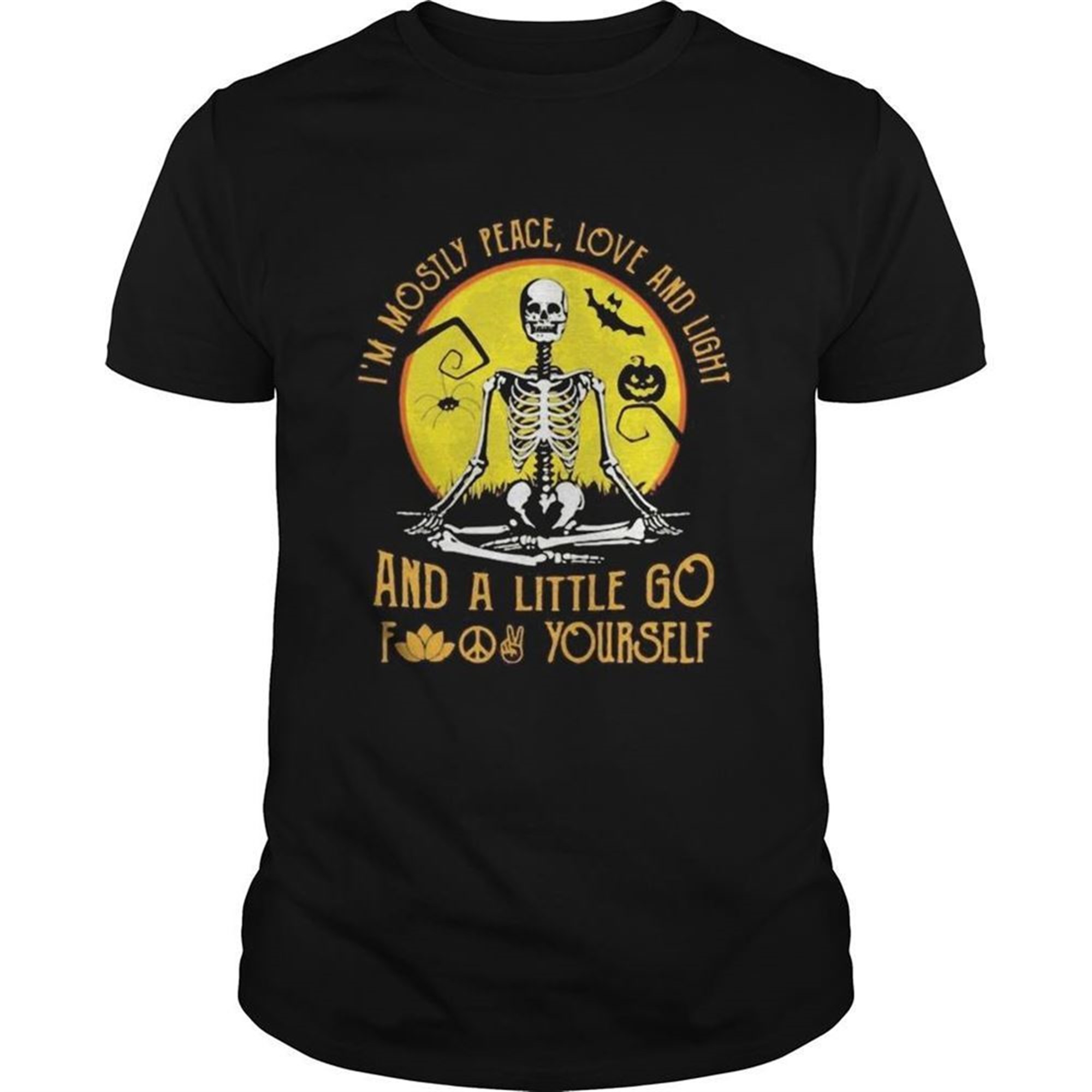 Im Mosily Peace Love And Light And A Little Go Fuck Yourself Skull Pumpkin Sunset Halloween Shirt