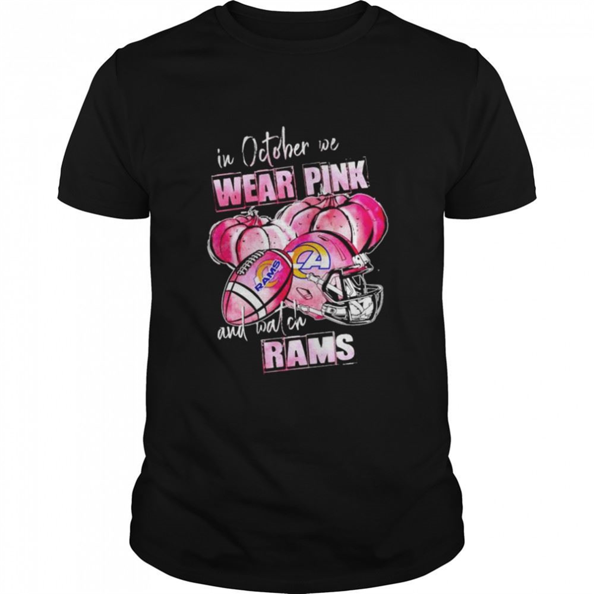 In October We Wear Pink And Watch Rams Breast Cancer Halloween Shirt