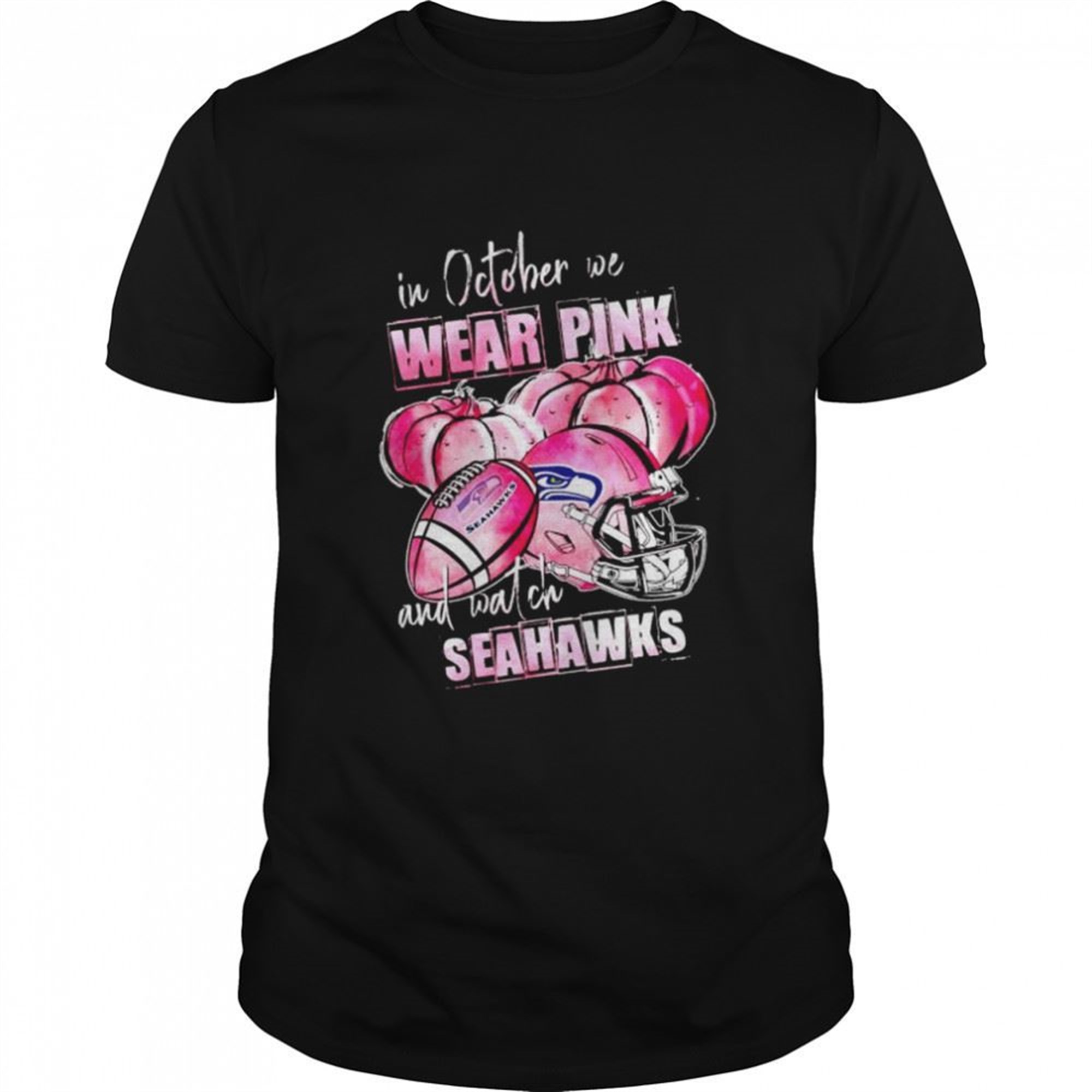 In October We Wear Pink And Watch Seahawks Breast Cancer Halloween Shirt