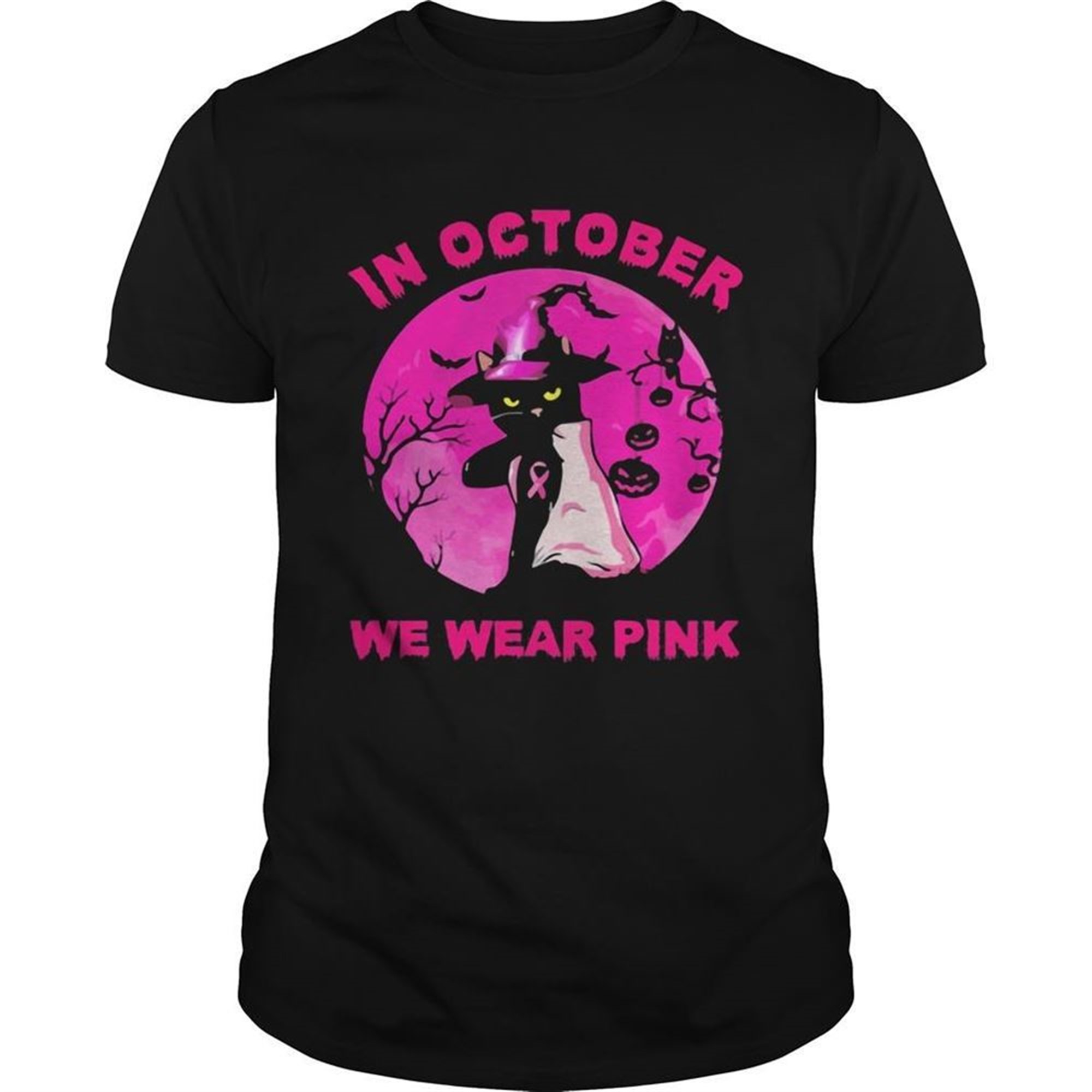 In October We Wear Pink Cat Moonlight Halloween Shirt