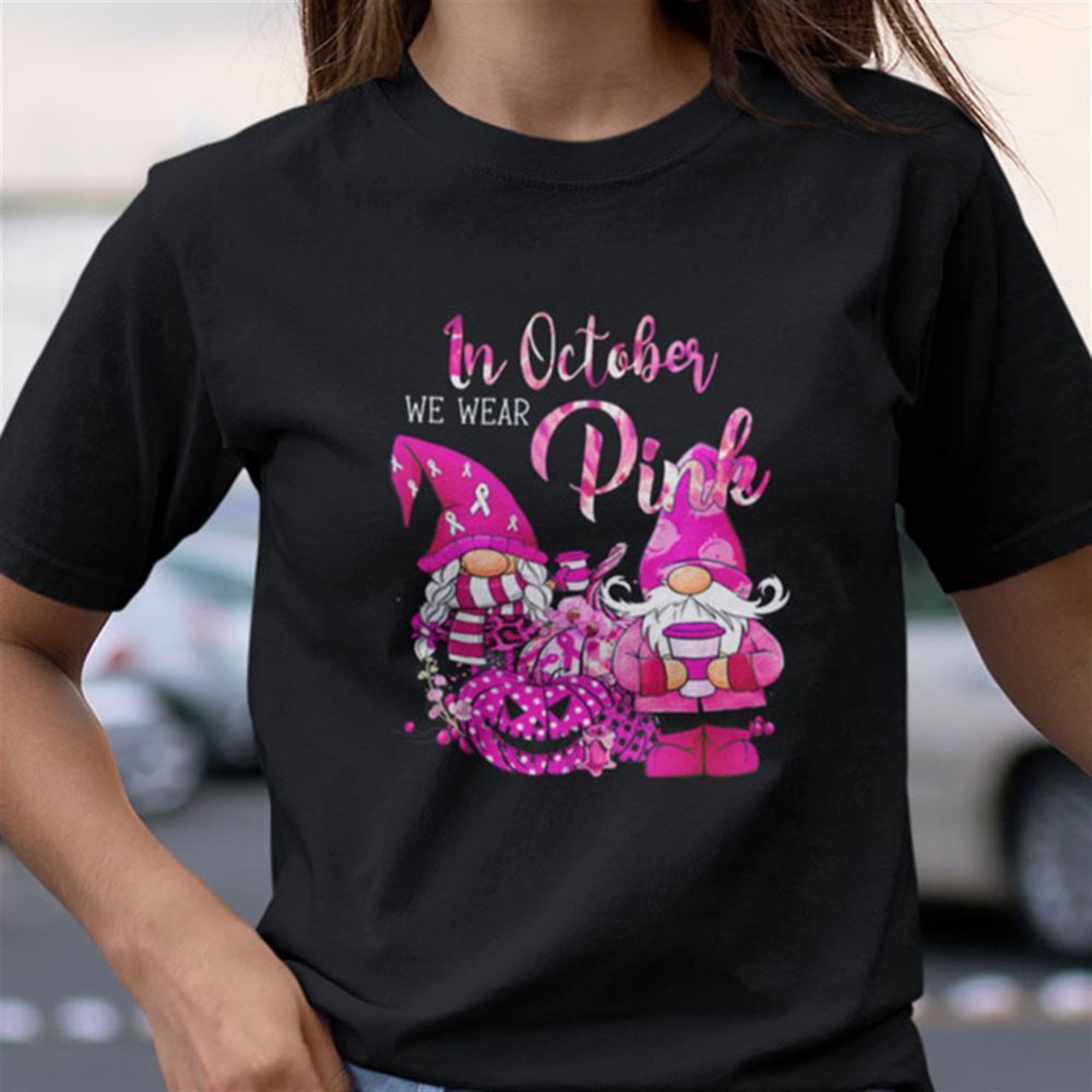In October We Wear Pink Shirt Gnome Breast Cancer Halloween