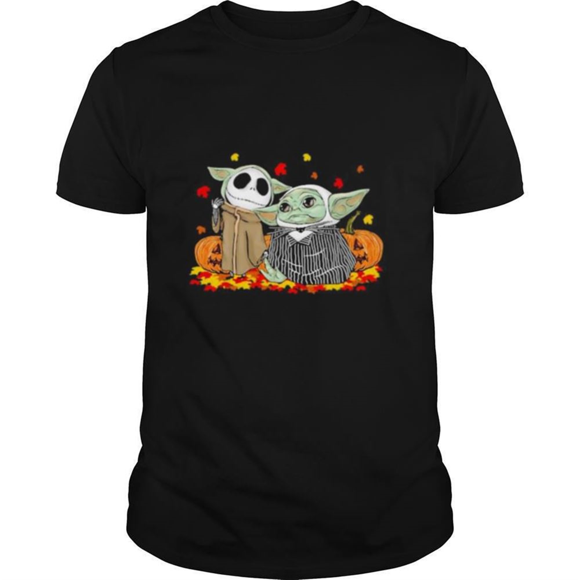 Jack Skellington And Baby Yoda Happy Halloween Fall Leaves Map Shirt